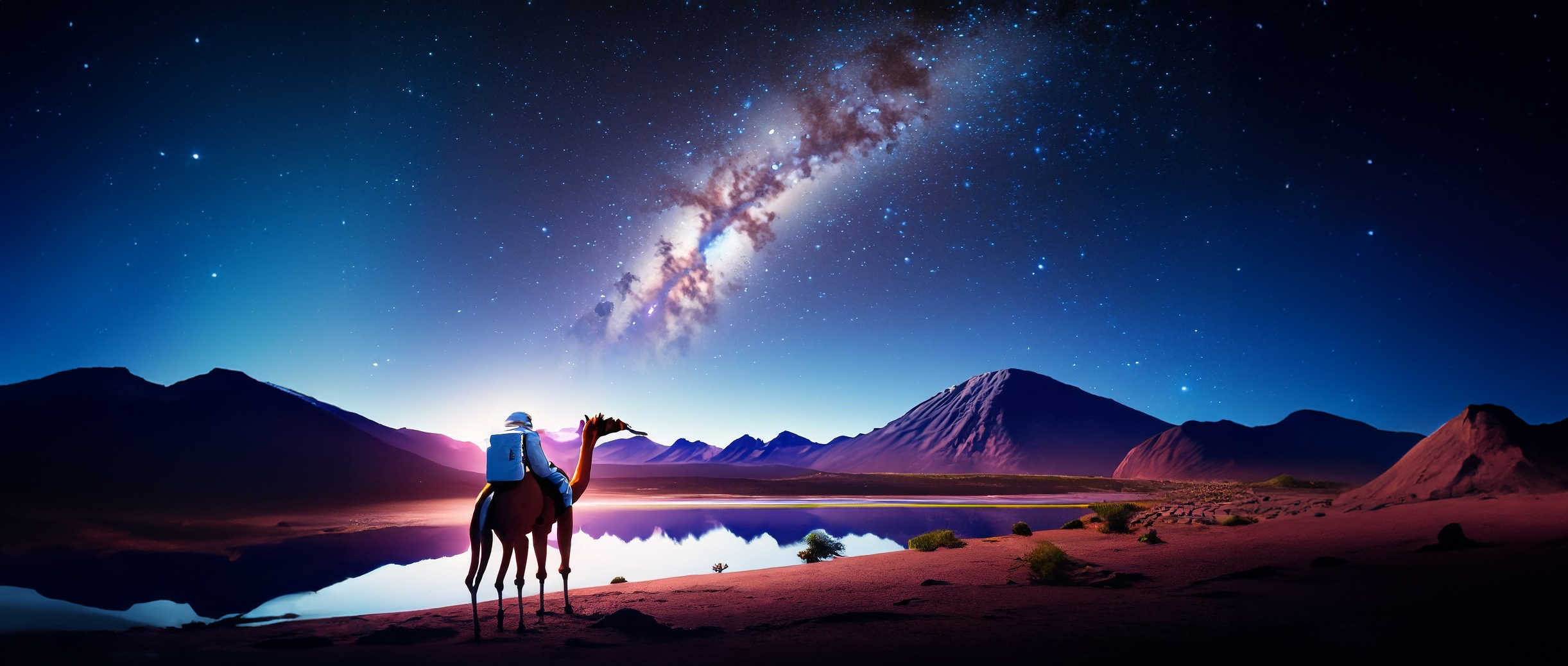 General 2443x1038 digital art space desert lake AI art water reflection sky stars animals mountains