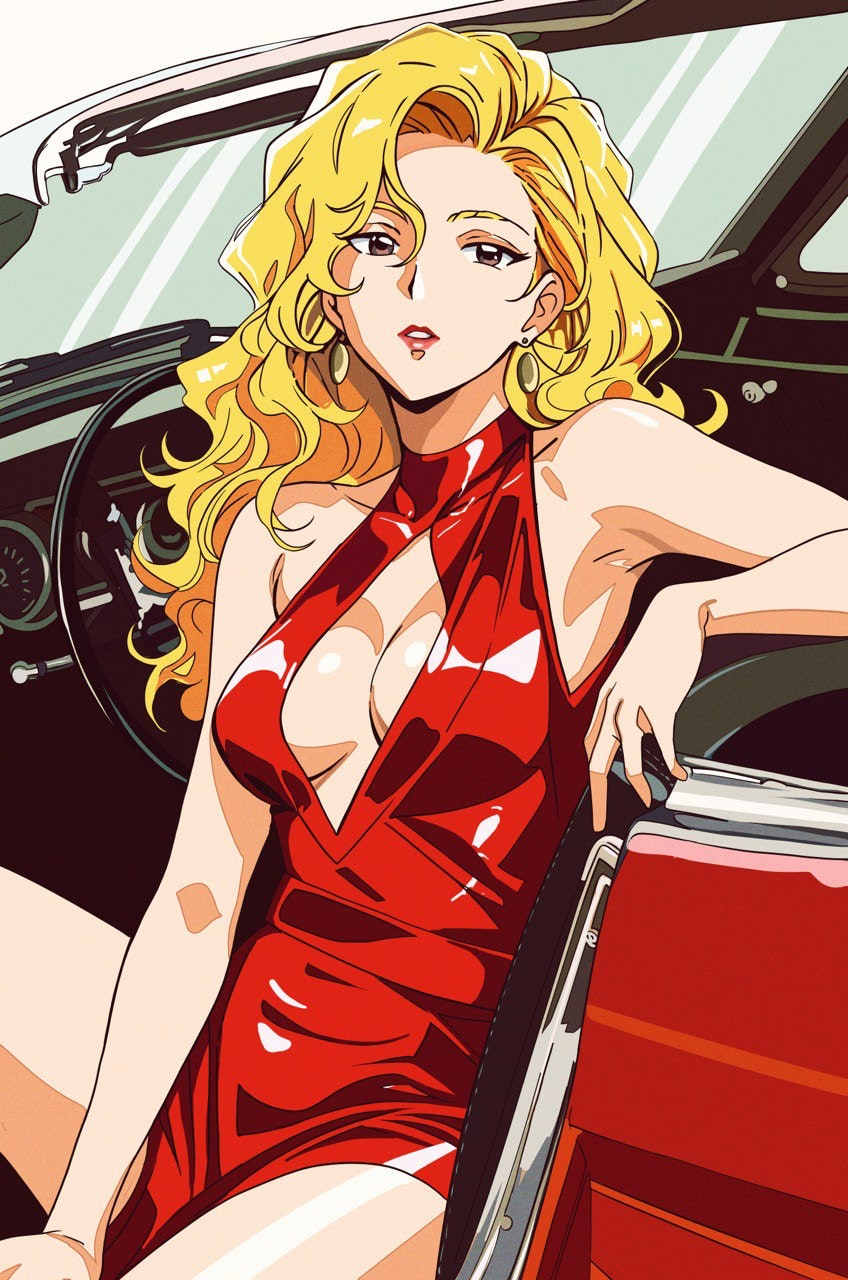 Anime 848x1280 Septa Abdi digital art artwork illustration anime anime girls blonde long hair curly hair dress red dress sitting car vehicle portrait portrait display women with cars madame president cleavage cleavage cutout looking at viewer earring goldenboy