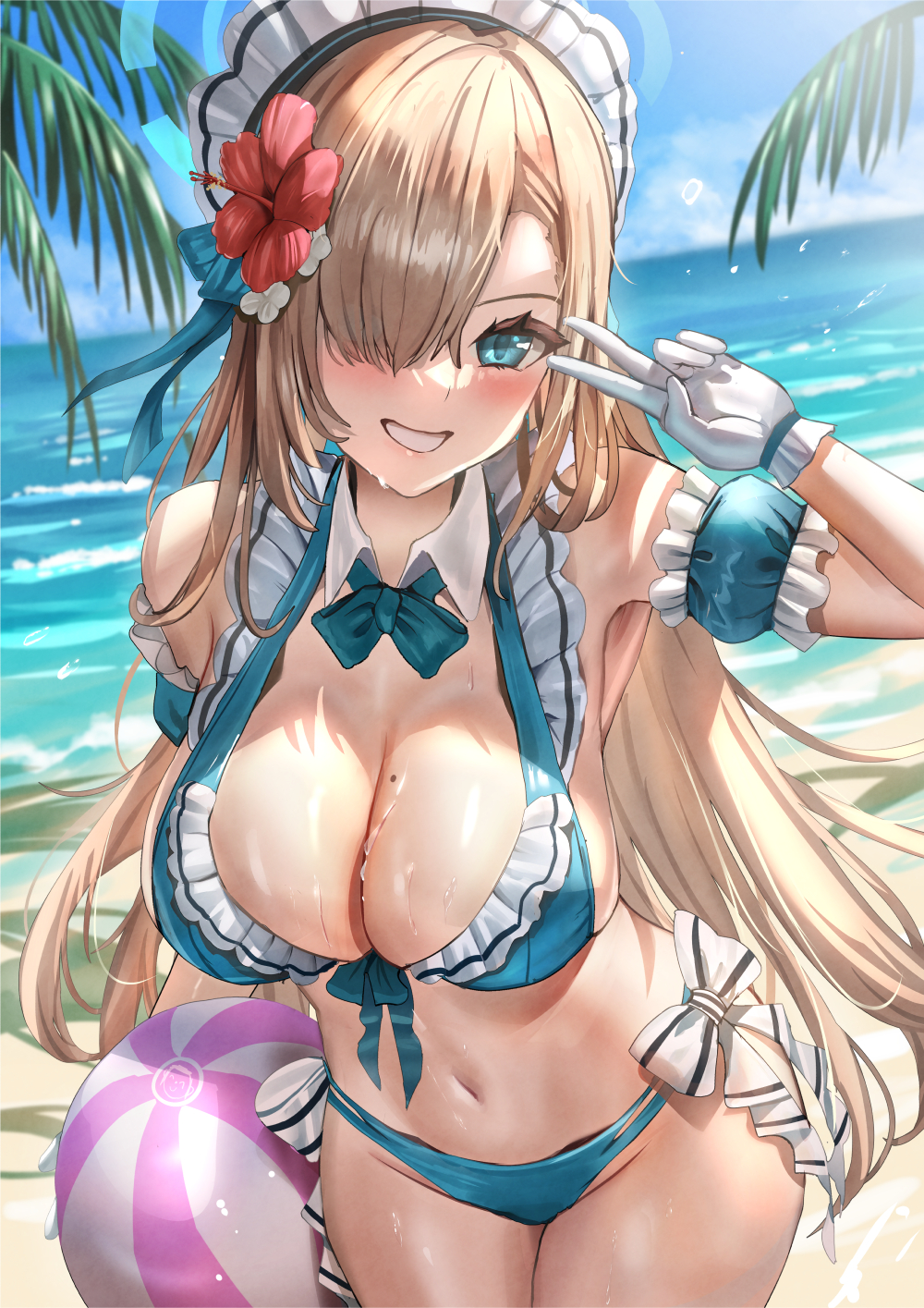 Anime 1000x1415 Blue Archive bikini Asuna Ichinose beach water portrait display hibiscus looking at viewer hair over one eye moles blue bikini beach ball wet detached sleeves flower in hair flowers swimwear bow tie waves wet body headdress palm trees blushing peace sign smiling mole on breast armpits hair ornament big boobs gloves white gloves frills blue eyes belly button Qian Wu Atai outdoors belly ball long hair sunlight anime girls huge breasts