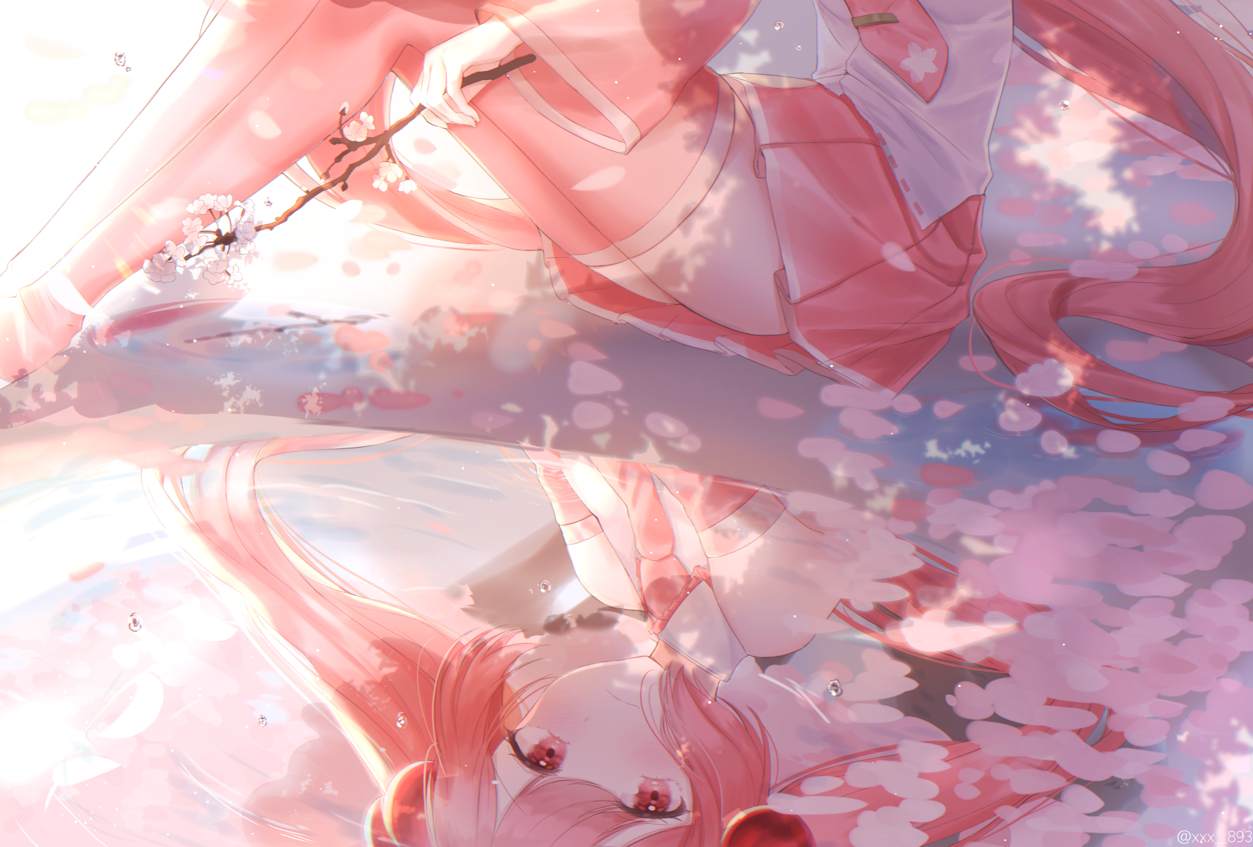 Anime 1817x1228 anime anime girls reflection Sakura Miku Hatsune Miku water petals looking at viewer long hair twintails