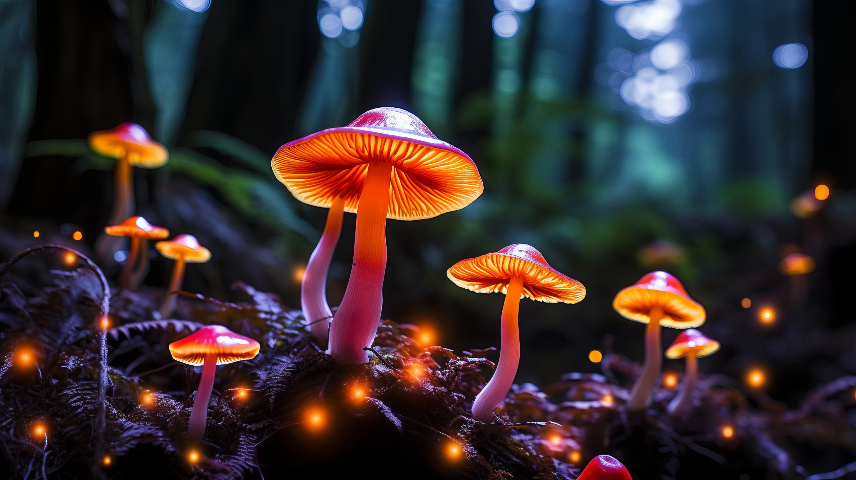 General 2912x1632 AI art mushroom glowing bokeh blurred blurry background nature closeup digital art