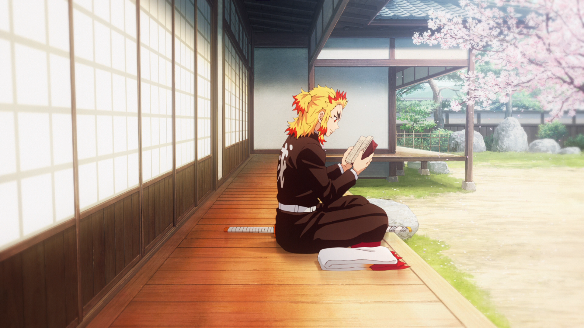 Anime 1920x1080 Kimetsu no Yaiba anime Anime screenshot anime boys sword Hashira cherry blossom reading smiling Rengoku Kyoujurou uniform