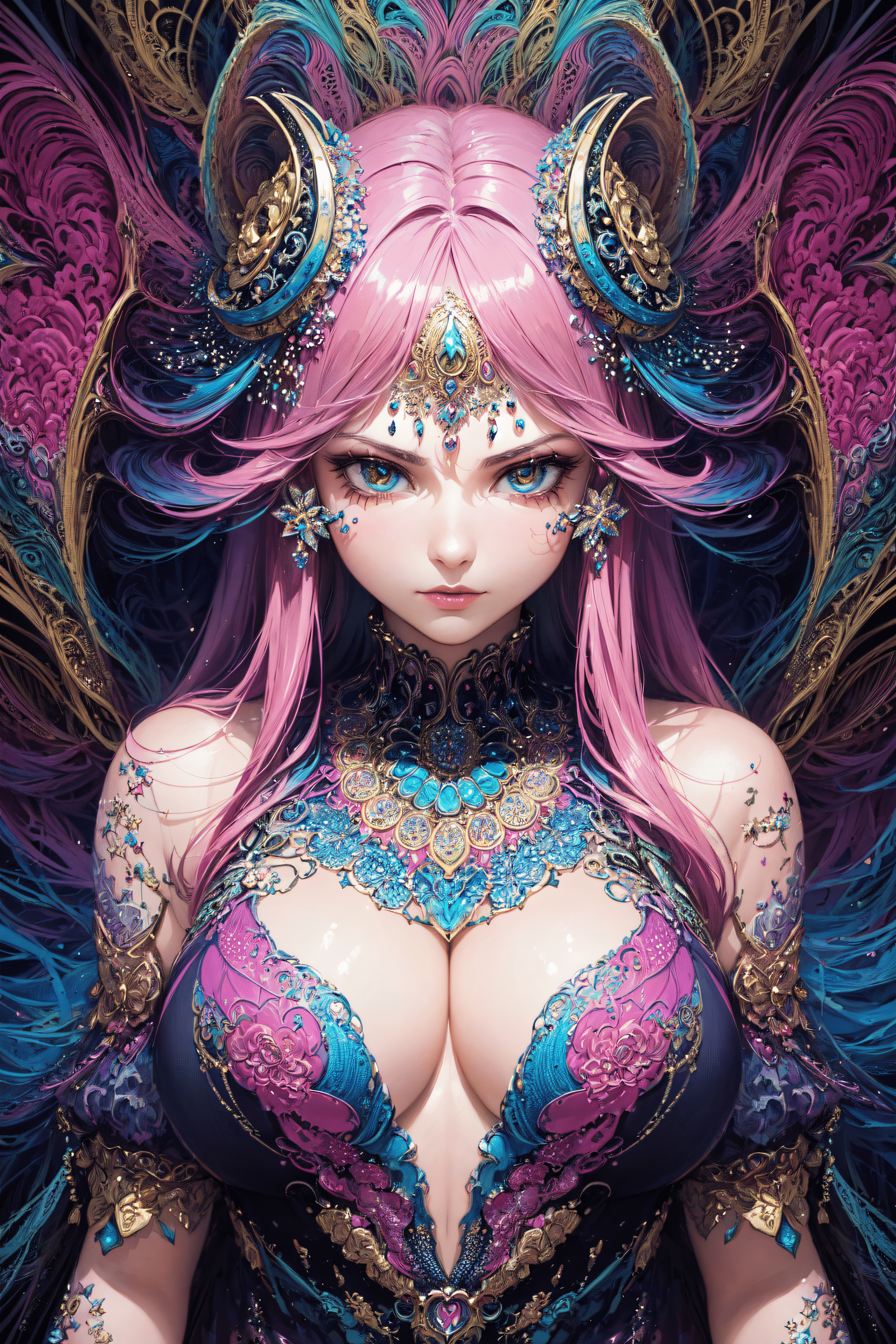 General 4096x6144 GhostMix AI art portrait display colorful looking at viewer pink hair big boobs digital art
