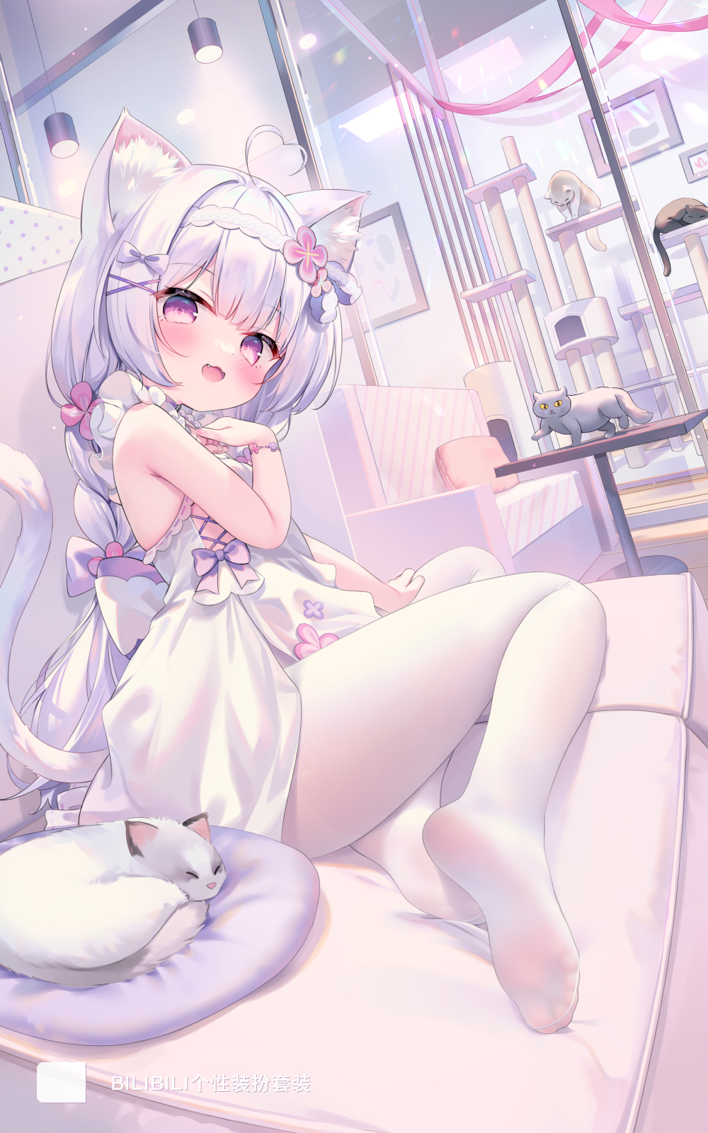 Anime 1000x1600 anime girls white hair purple eyes cat ears portrait display cat girl cat tail cats looking at viewer loli blushing flower in hair long hair sitting