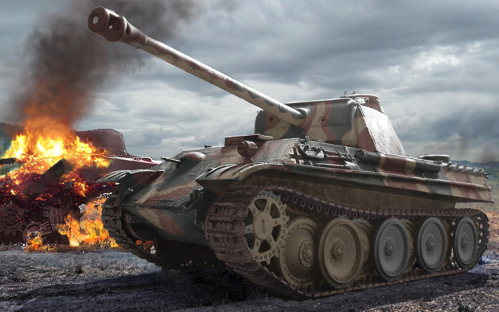General 1680x1050 tank fire army military military vehicle artwork smoke sky clouds Panther tank