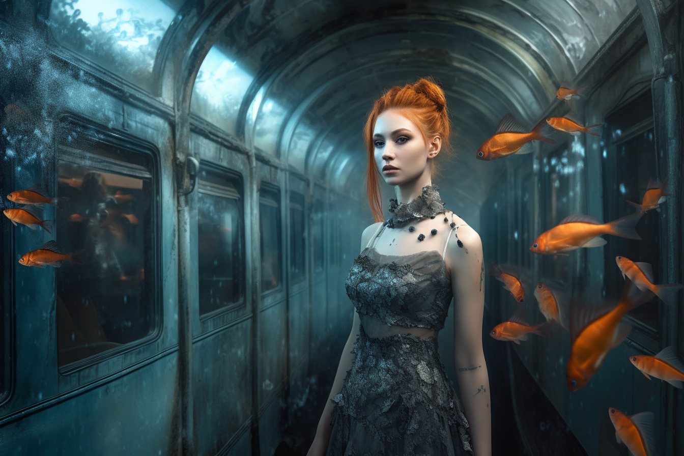 Anime 1344x896 city women looking at viewer fish animals redhead standing underwater water AI art