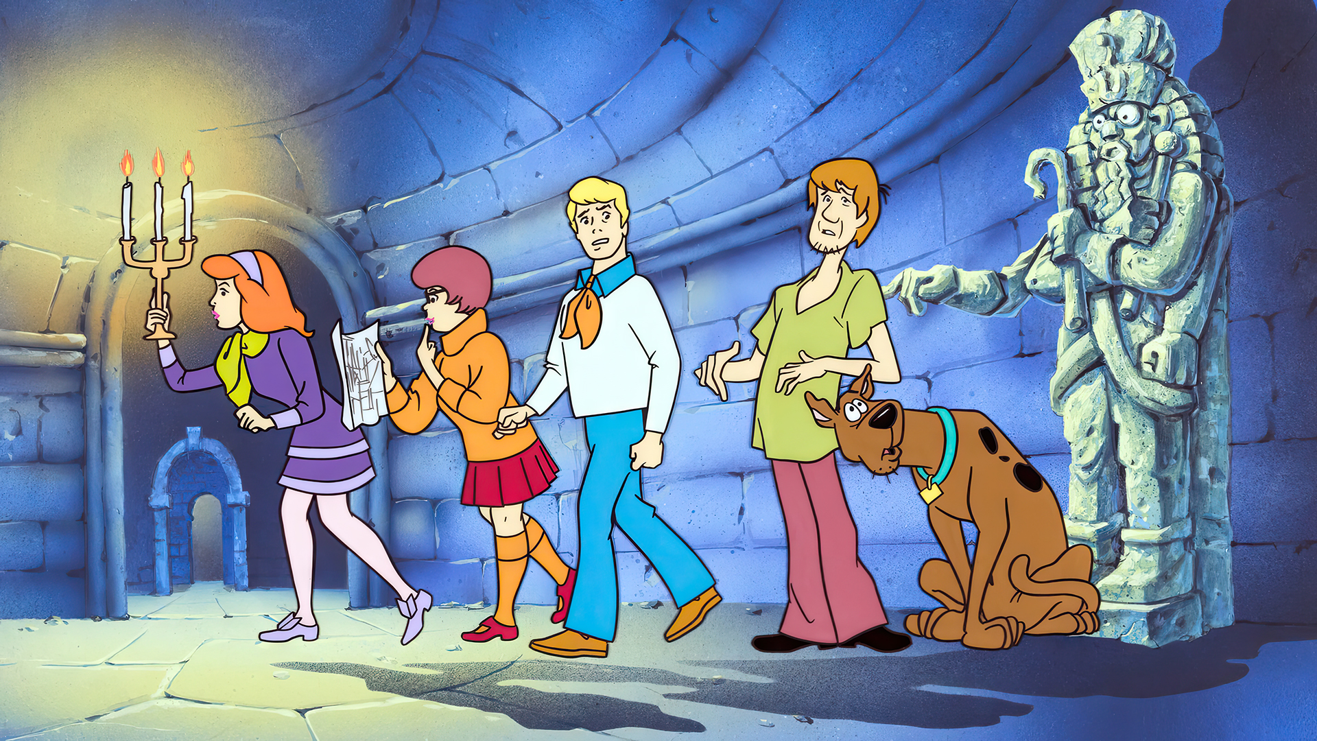 General 1920x1080 Scooby-Doo Daphne Blake Velma Dinkley Fred Jones shaggy animation animated series cartoon Hanna-Barbera production cel chandeliers statue map candles