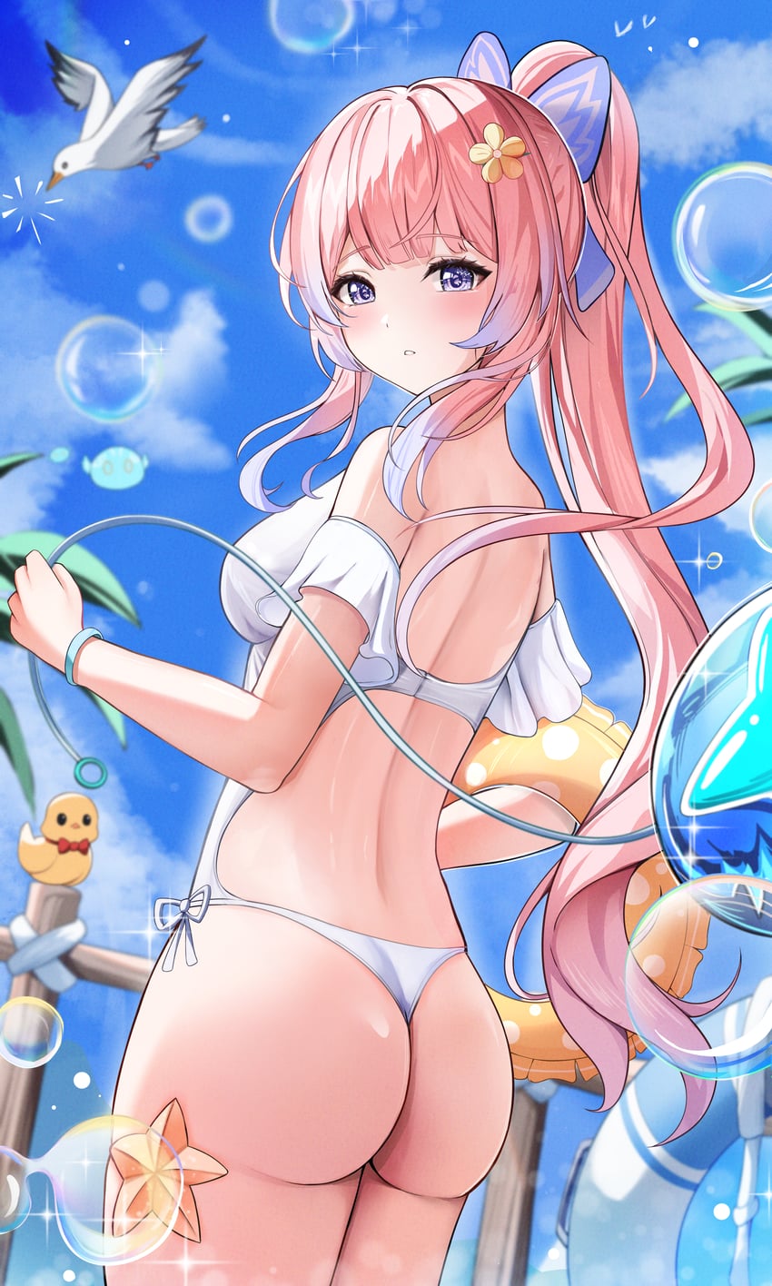 Anime 850x1416 Genshin Impact swimwear Sangonomiya Kokomi (Genshin Impact) looking back long hair gradient hair pink hair ass looking at viewer one-piece swimsuit frills slime (Genshin Impact) sky rear view seagulls birds starfish sparkles white swimsuit hair ornament ponytail yeni1871 bare shoulders balloon blushing clouds big boobs animals ducklings two tone hair flowers flower in hair bow tie portrait display back floater life preserver bubbles purple eyes leaves multi-colored hair