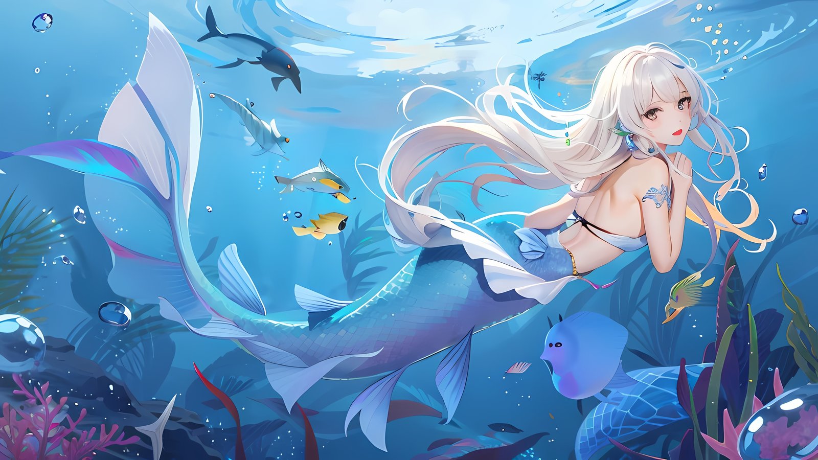 Anime 1600x900 AI art mermaids anime girls underwater fish animals water bubbles long hair looking at viewer coral