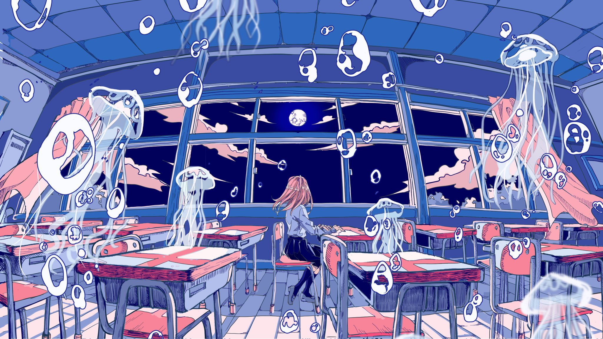 Anime 2048x1152 Pixiv anime bubbles classroom jellyfish schoolgirl anime girls school uniform desk chair sitting window sky clouds animals