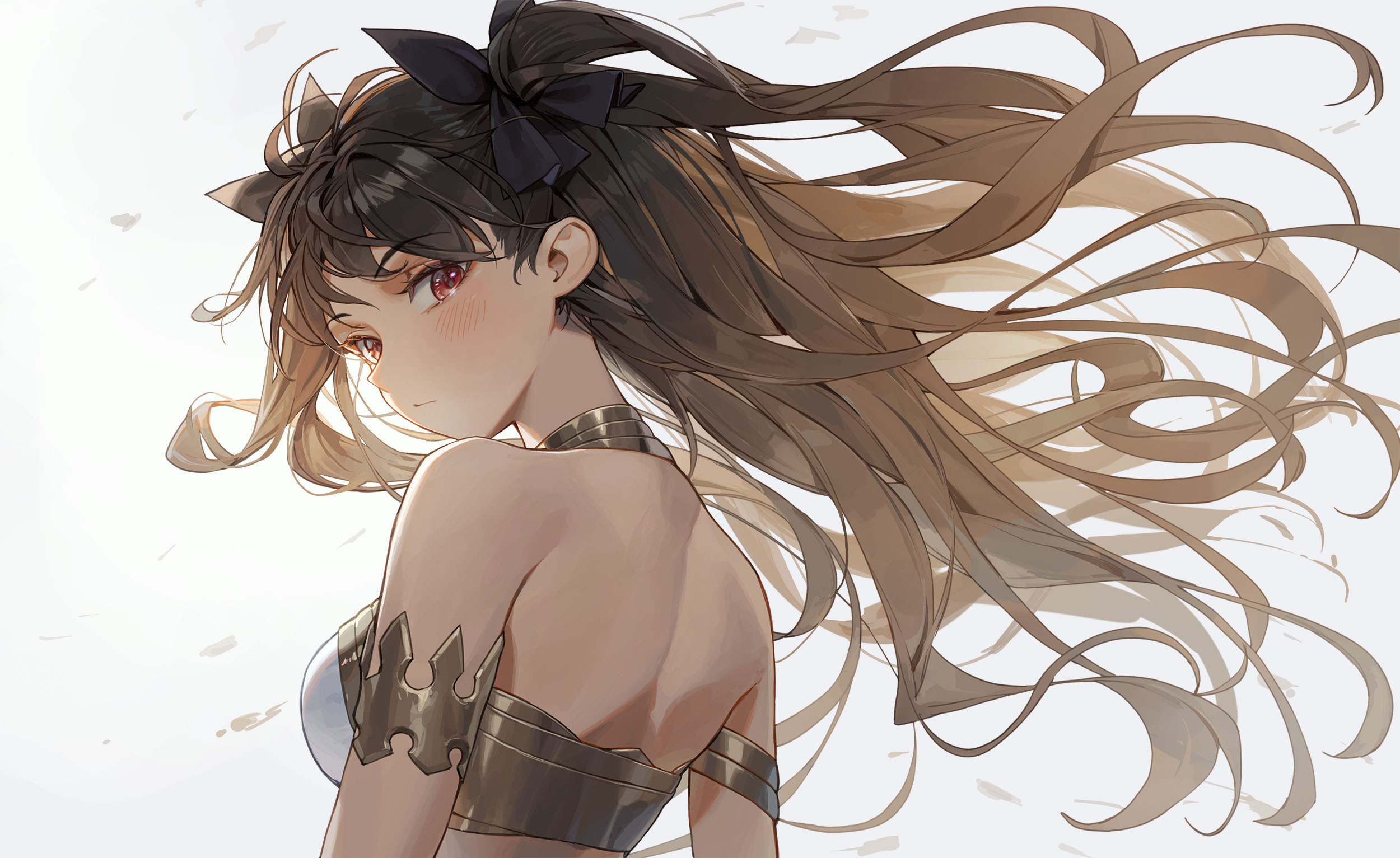 Anime 2500x1533 Fate/Grand Order anime girls simple background long hair blushing looking at viewer white background minimalism red eyes black hair Fate series Ishtar (Fate/Grand Order)