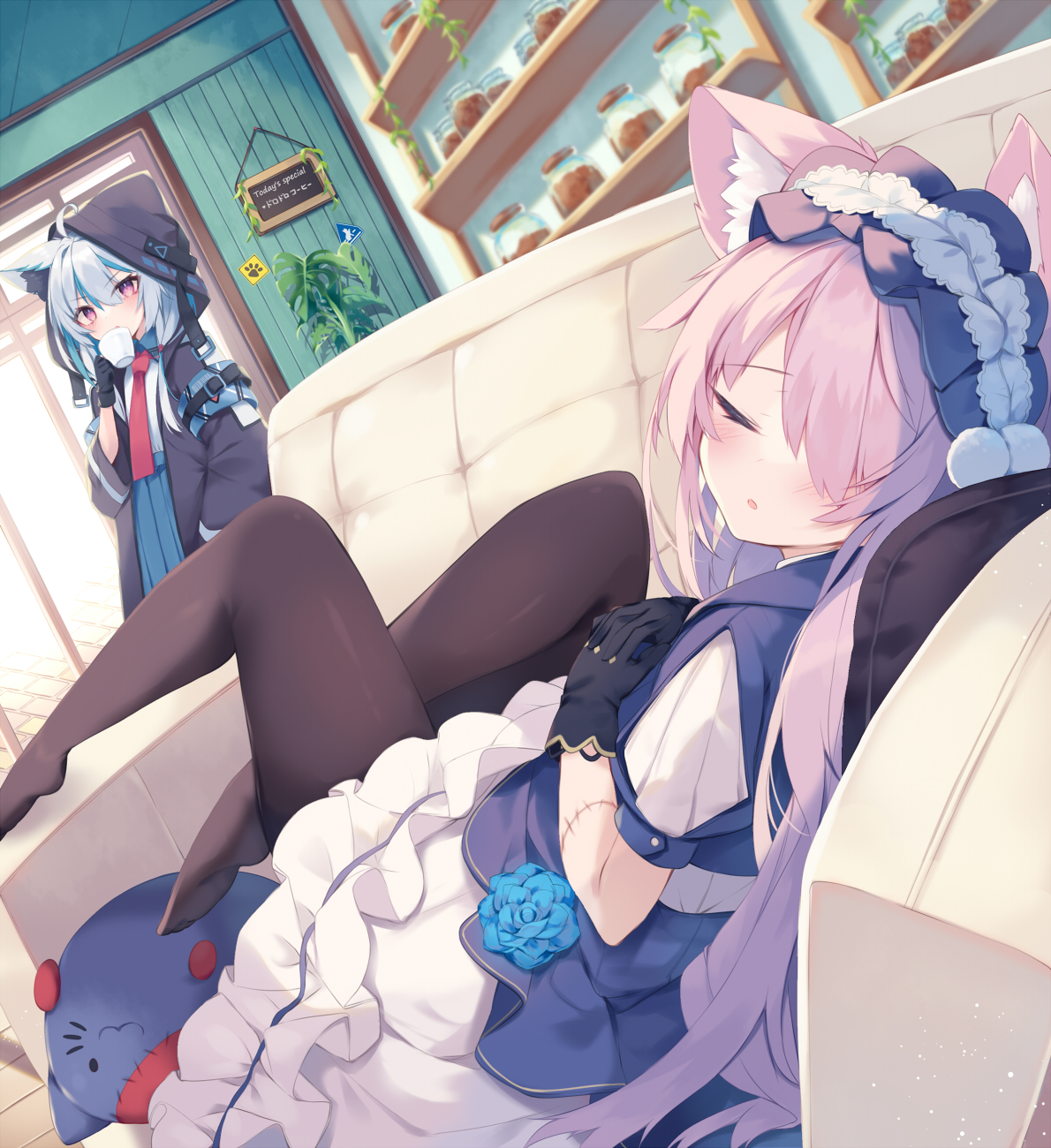 Anime 1190x1300 Pixiv anime anime girls portrait display cat girl cat ears hair over one eye blushing sleeping closed eyes couch lying down lying on back long hair gloves pantyhose cup drink two tone hair