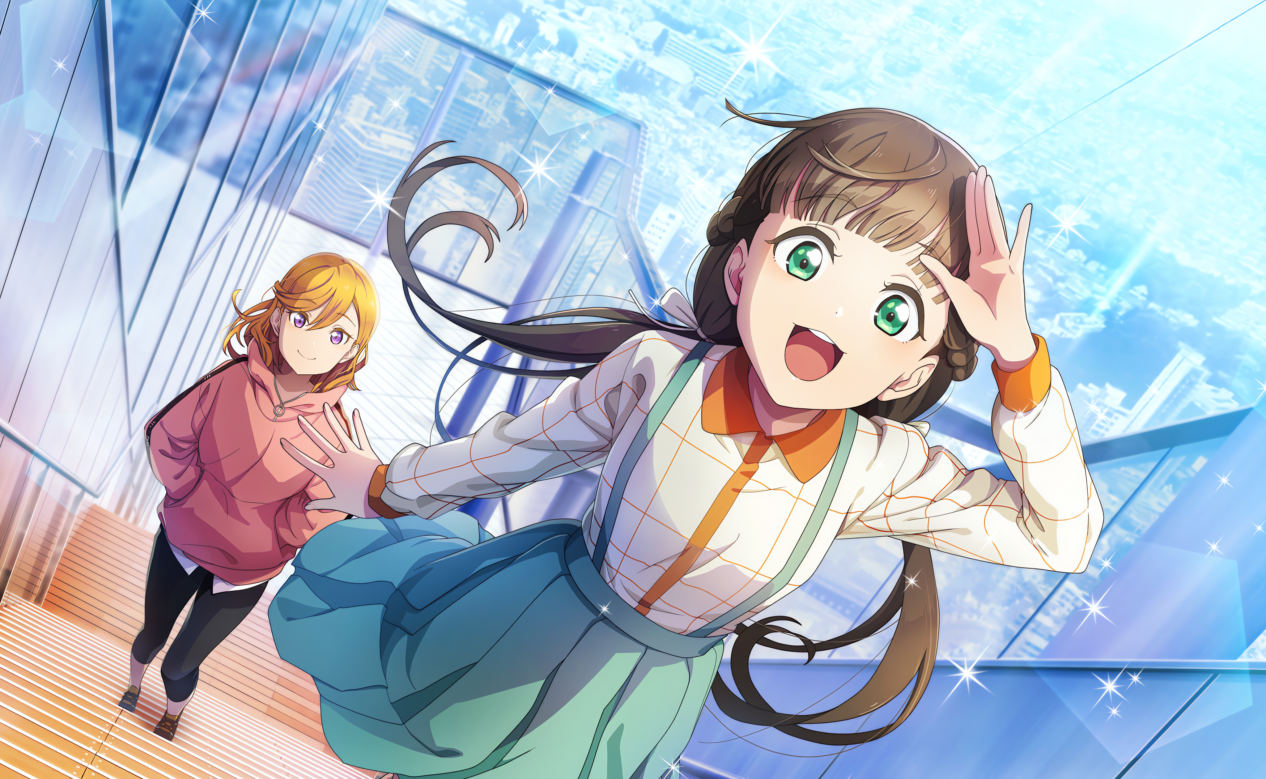 Anime 4096x2520 Love Live! Love Live! Super Star!! anime anime girls smiling hands in pockets long hair walking stairs stars city cityscape looking at viewer open mouth twintails Sakurakoji Kinako Shibuya Kanon