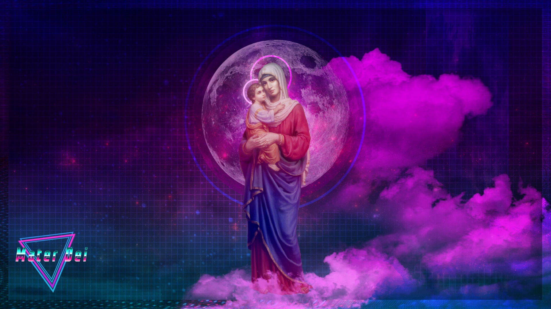 General 1920x1080 Holy Mary Mater Dei vaporwave Moon clouds standing women hijab looking at viewer simple background minimalism digital art