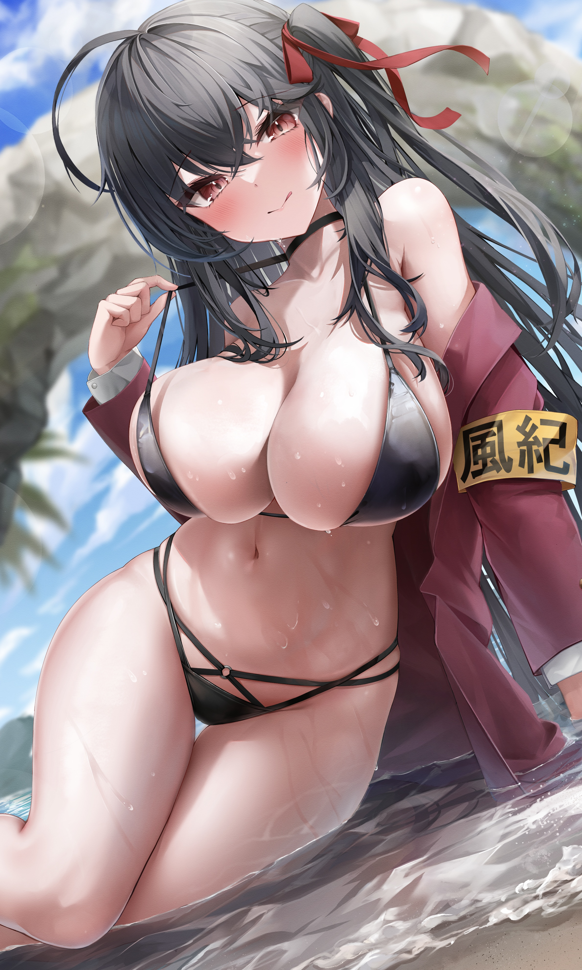 Anime 2379x3961 Azur Lane huge breasts anime girls portrait display black swimsuit swimwear bikini women on beach black bikinis outdoors looking at viewer beach open vest wet clothing wet body licking lips red eyes tongue out blurry background sea water pulling clothing black hair blushing choker sunlight belly belly button depth of field jacket lying on beach armband women outdoors ribbon arm support red jackets smiling hair ornament Shiranui nipple bulge thighs clouds wet Taihou (Azur Lane)