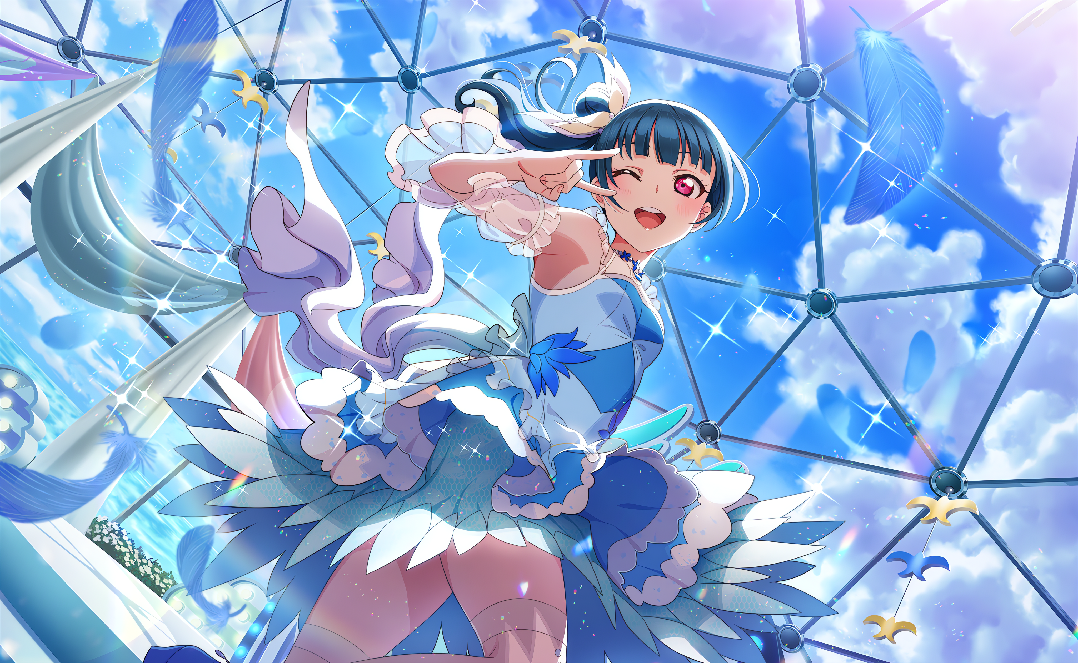 Anime 4096x2520 Tsushima Yoshiko Love Live! Love Live! Sunshine anime anime girls one eye closed sky clouds stars feathers dress standing looking at viewer open mouth
