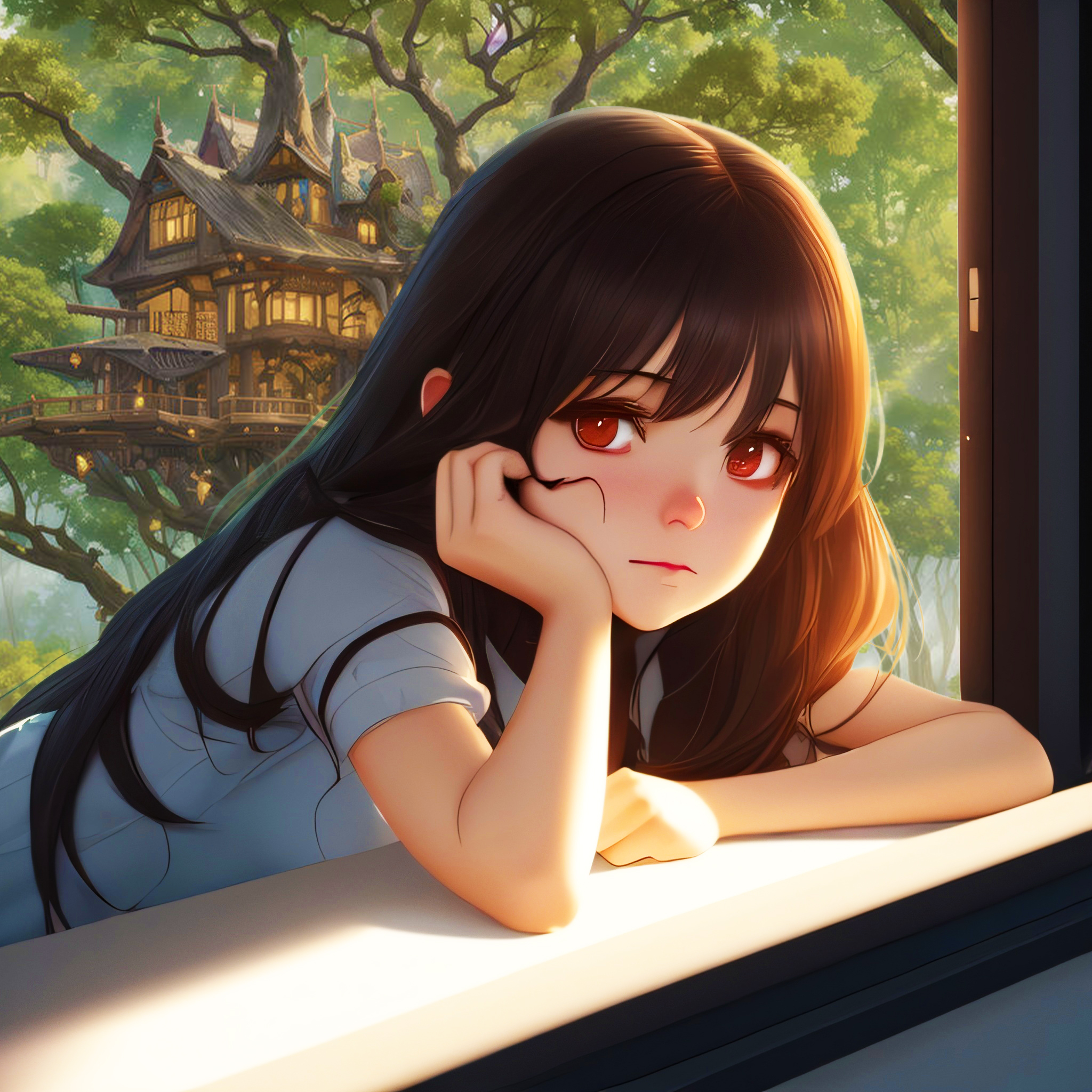 Anime 2048x2048 anime girls dark hair orange eyes long hair looking at viewer trees window house AI art
