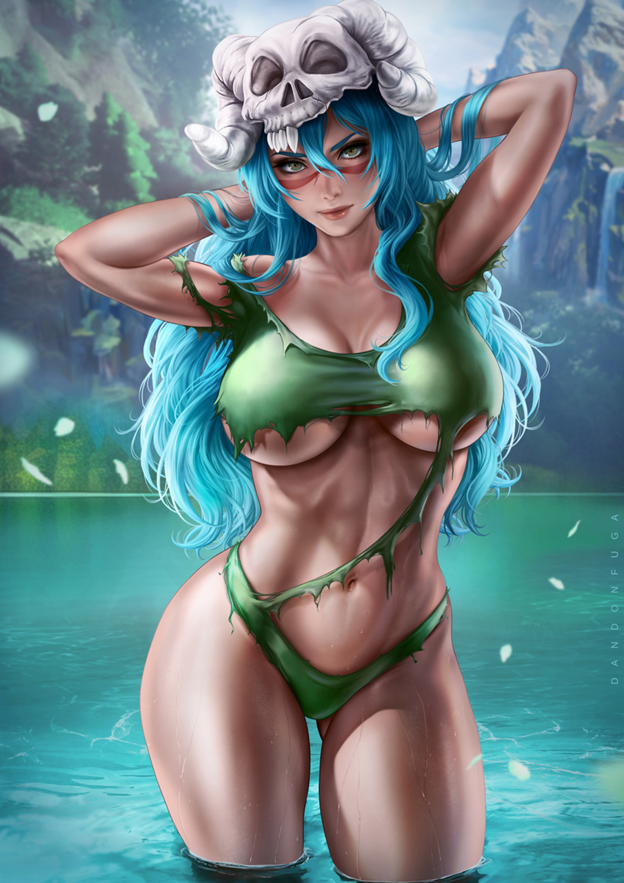 Anime 905x1280 Dandonfuga drawing Bleach Nelliel Tu Odelschwanck skull underboob blue hair torn clothes water portrait display anime girls big boobs standing in water belly belly button thighs long hair looking at viewer