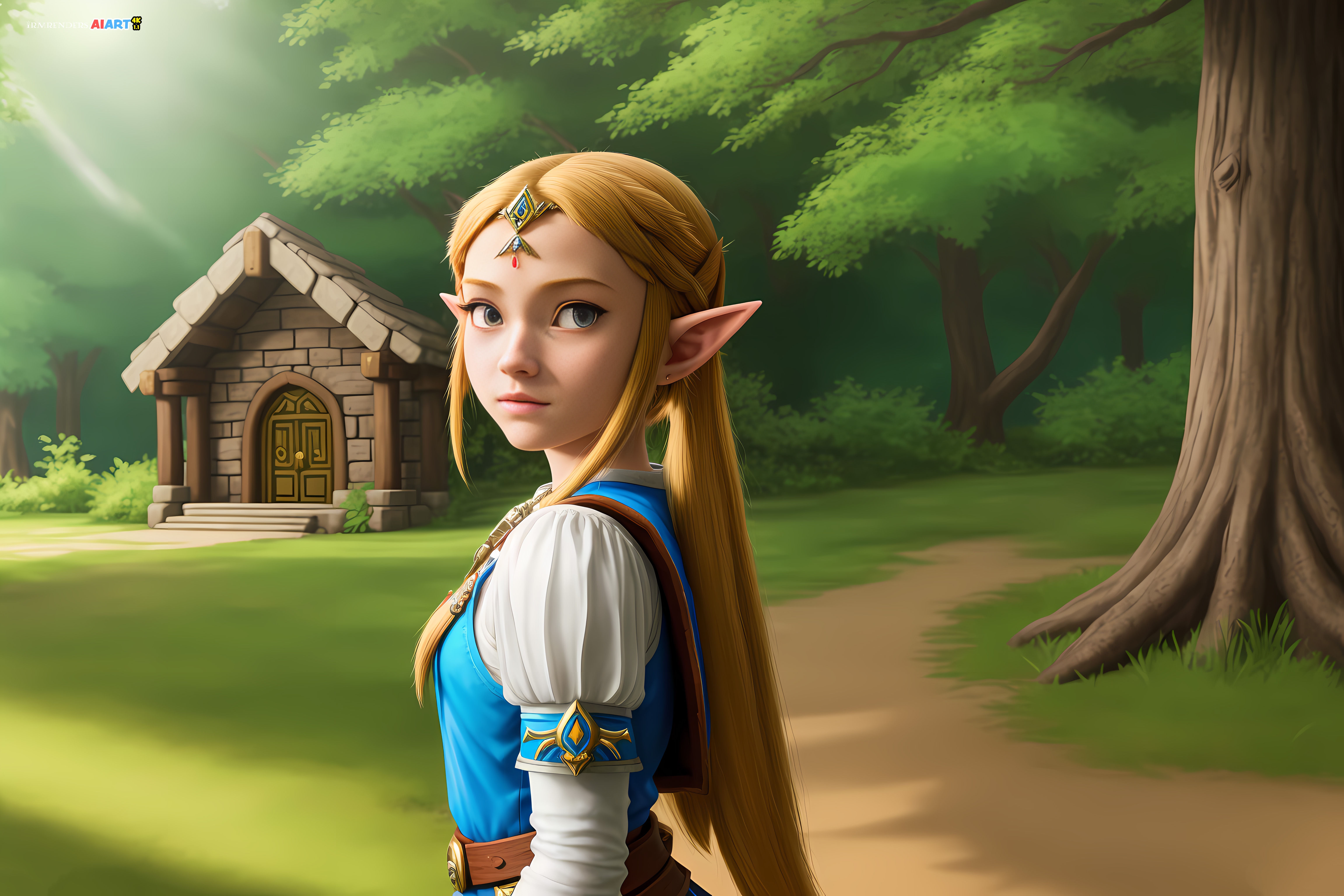General 6144x4096 Zelda Zelda Breath of the Wild Nintendo blonde CGI AI art pointy ears long hair trees path sunlight grass video game girls video game characters