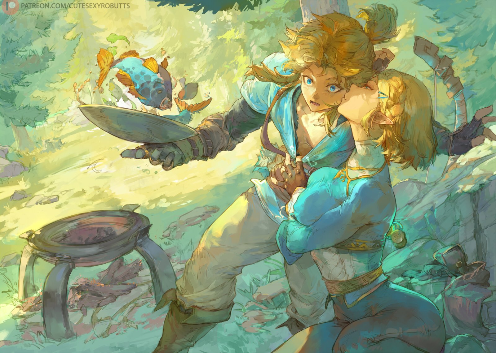 General 1600x1141 The Legend of Zelda: Breath of the Wild Zelda Link cooking video game characters kissing Cutesexyrobutts video games video game art food short hair 2D gloves fingerless gloves pointy ears