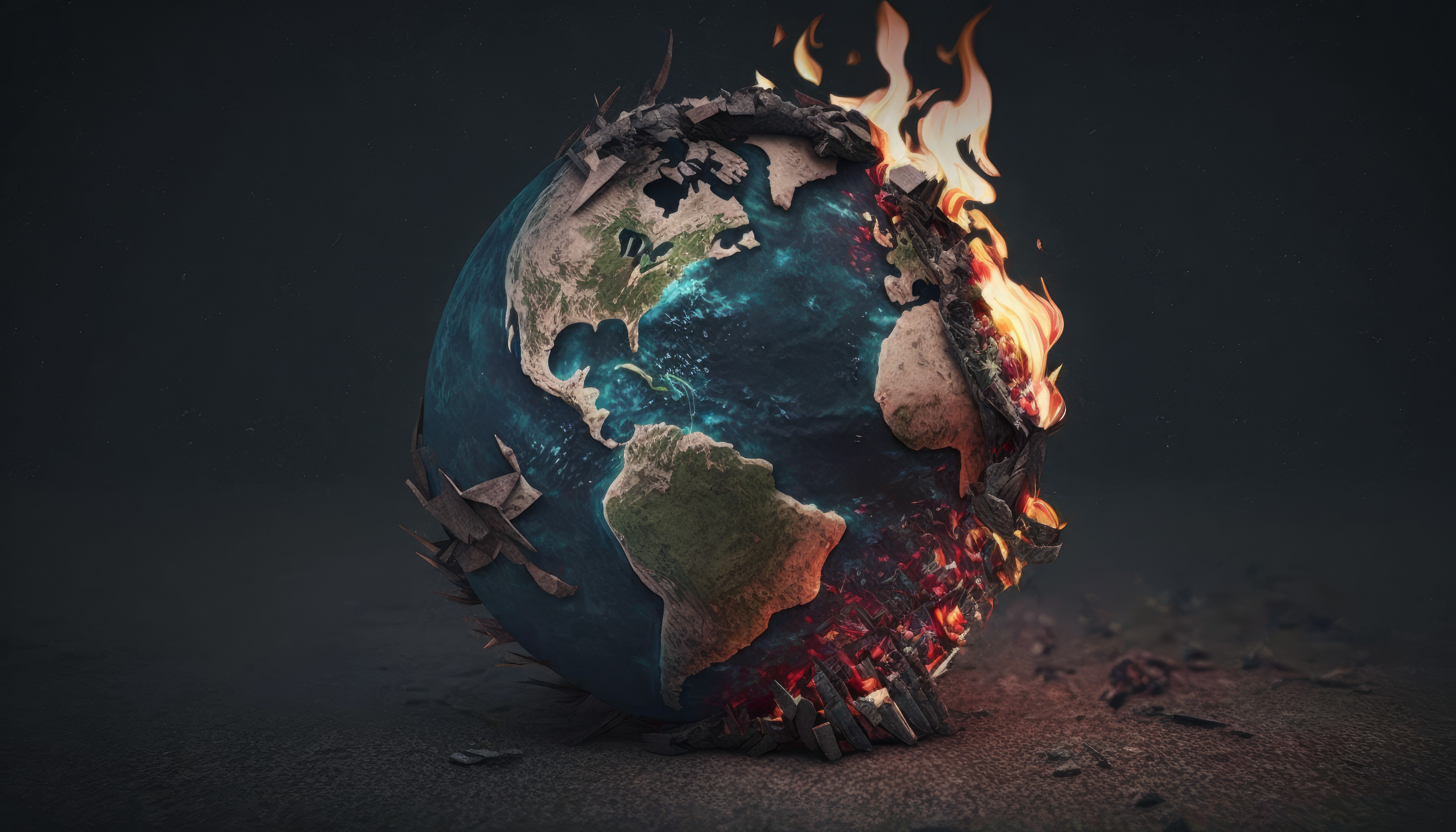 General 4579x2616 AI art illustration Earth burning fire global warming simple background