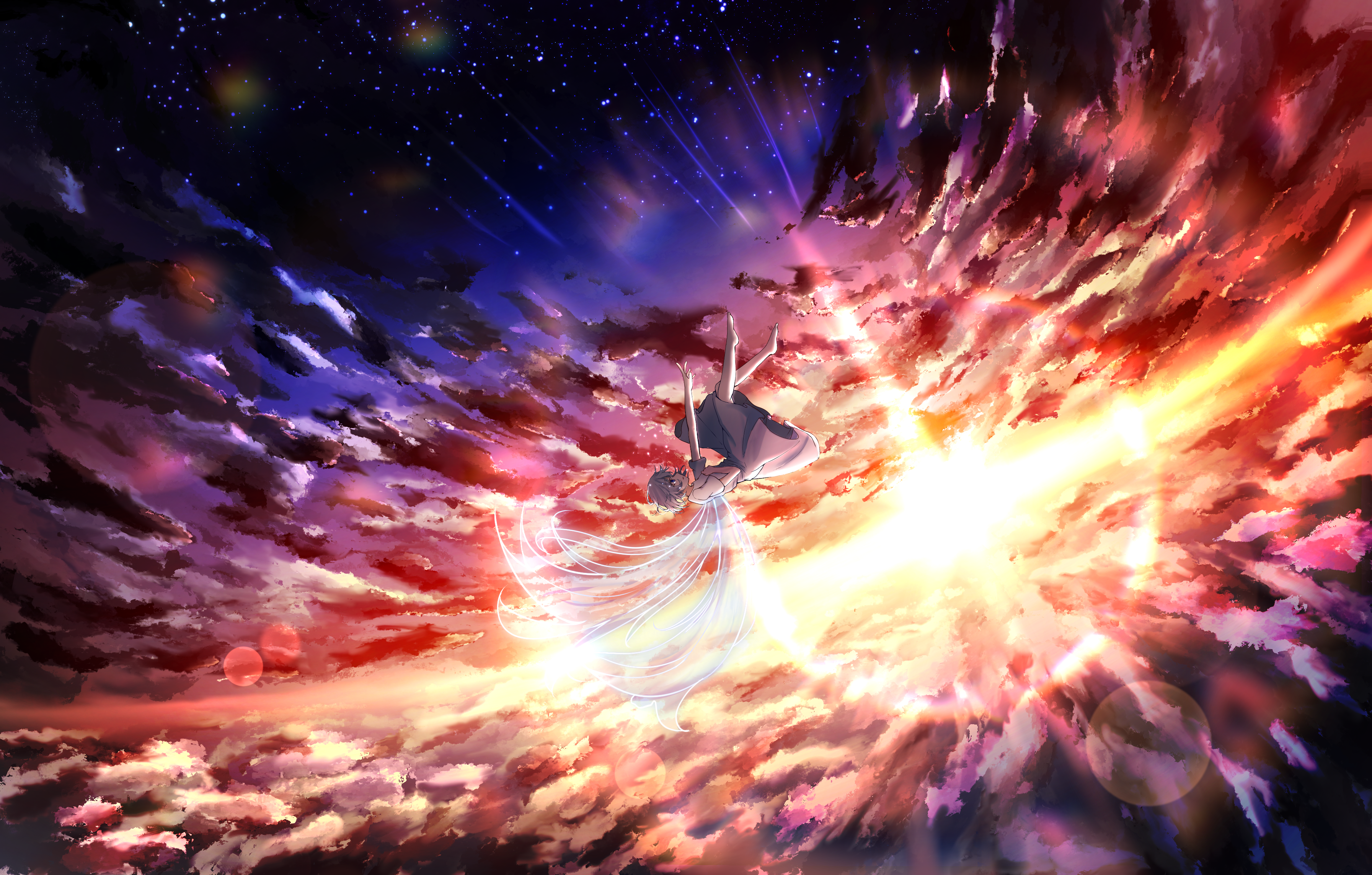 Anime 3585x2286 Vocaloid falling sky clouds sunset glow sunset anime girls blue eyes short hair gray hair white shirt long skirt lens flare wings Sun stars space sunlight barefoot dfd colorful arms reaching