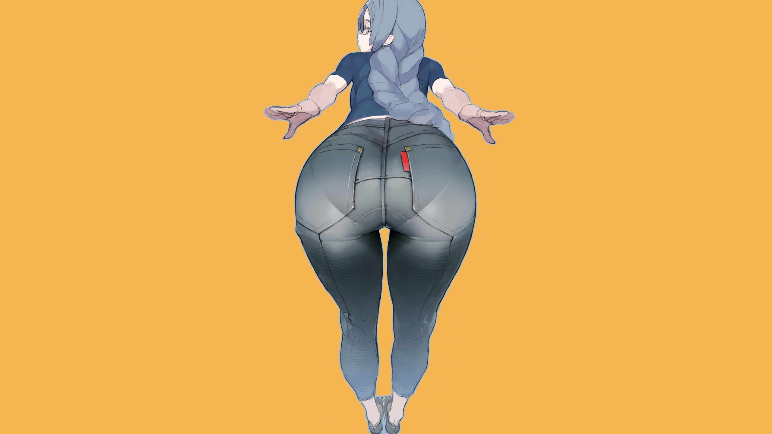 Anime 2560x1440 anime anime girls simple background yellow background minimalism bent over ass thick ass wide hips pantylines thighs rear view Namaniku ATK braids looking back