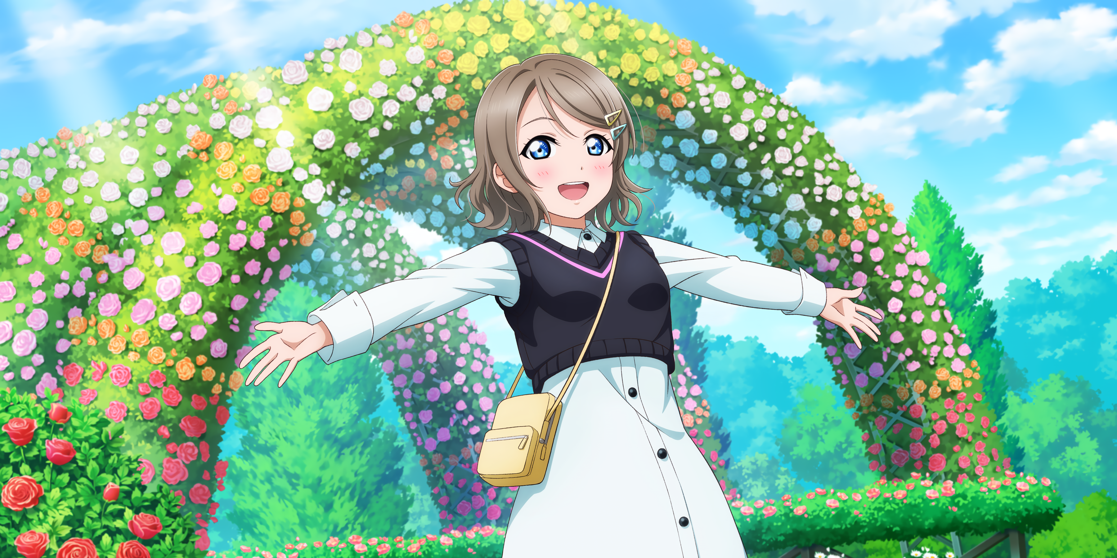 Anime 3600x1800 Watanabe You Love Live! Sunshine Love Live! anime anime girls flowers blushing purse looking at viewer sunlight clouds trees