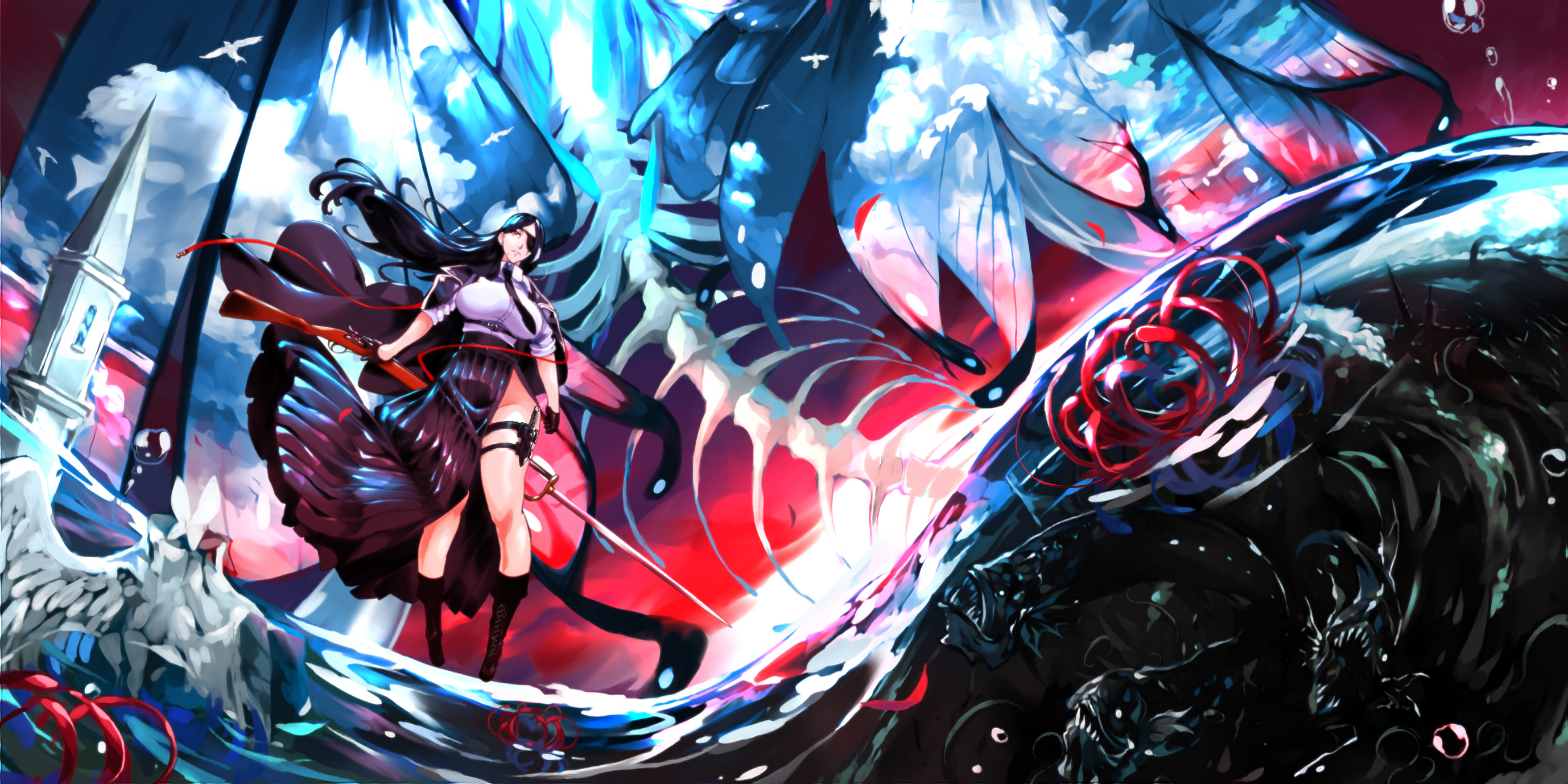 Anime 2756x1378 Kridsanatrs anime girls landscape water fish low-angle bubbles water drops sky clouds thighs skirt big boobs gun sword weapon bug eyepatches long hair black hair red eyes red sky skeleton legs flowers gloves