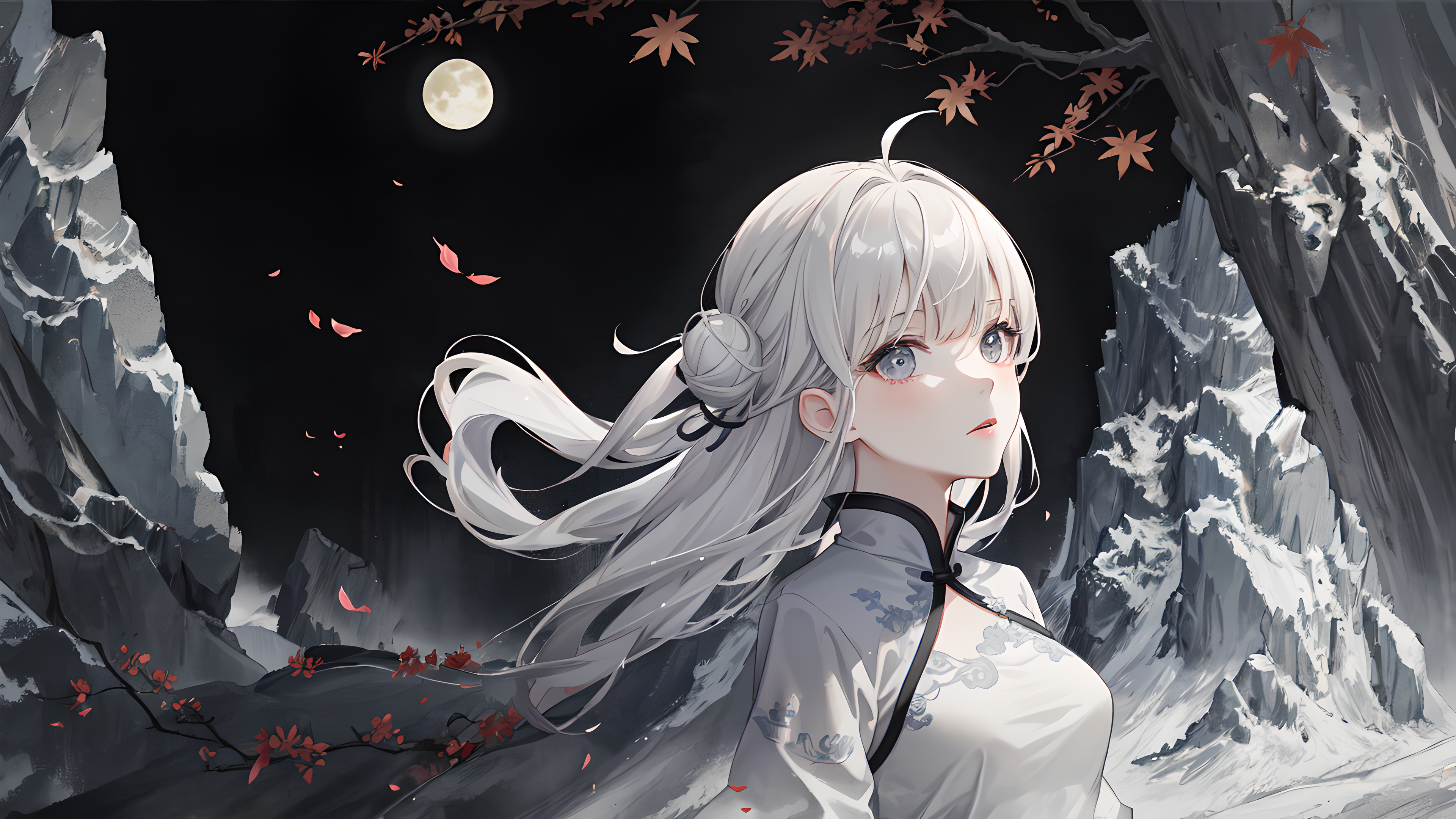 Anime 3840x2160 AI art white hair white clothing night maple leaves anime girls Moon Chinese dress leaves looking at viewer hairbun snow