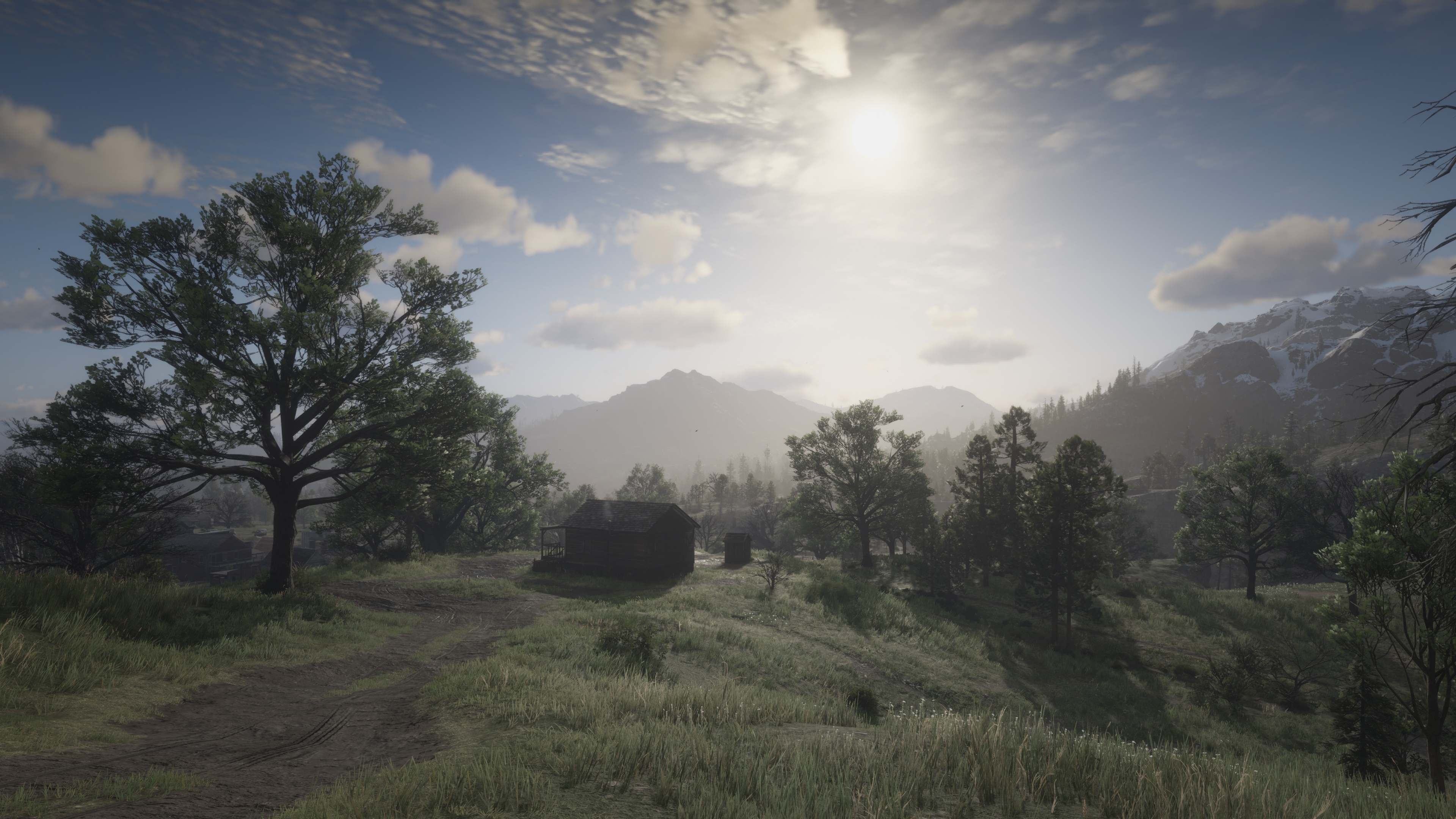 General 3840x2160 Red Dead Redemption 2 nature video games sky clouds trees path mountains Sun