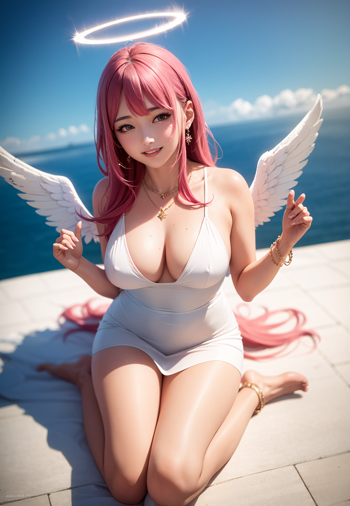 General 1152x1664 AI art women Asian wings halo cleavage big boobs thighs legs necklace looking at viewer smiling long hair water portrait display dress