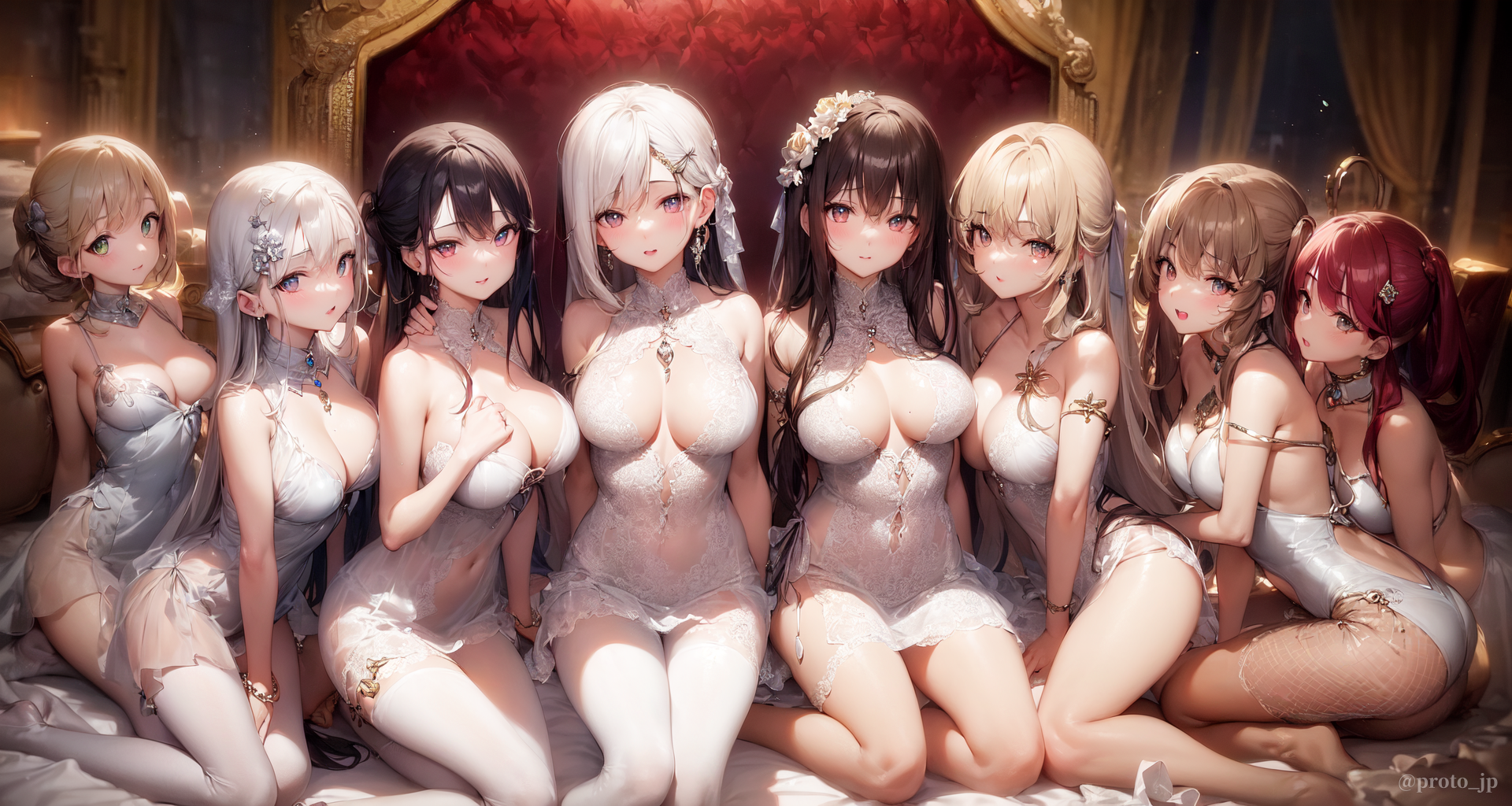 Anime 1920x1024 AI art PROTO@AiArt harem Pixiv group of women anime girls cleavage big boobs lingerie looking at viewer flower in hair belly button stockings line-up