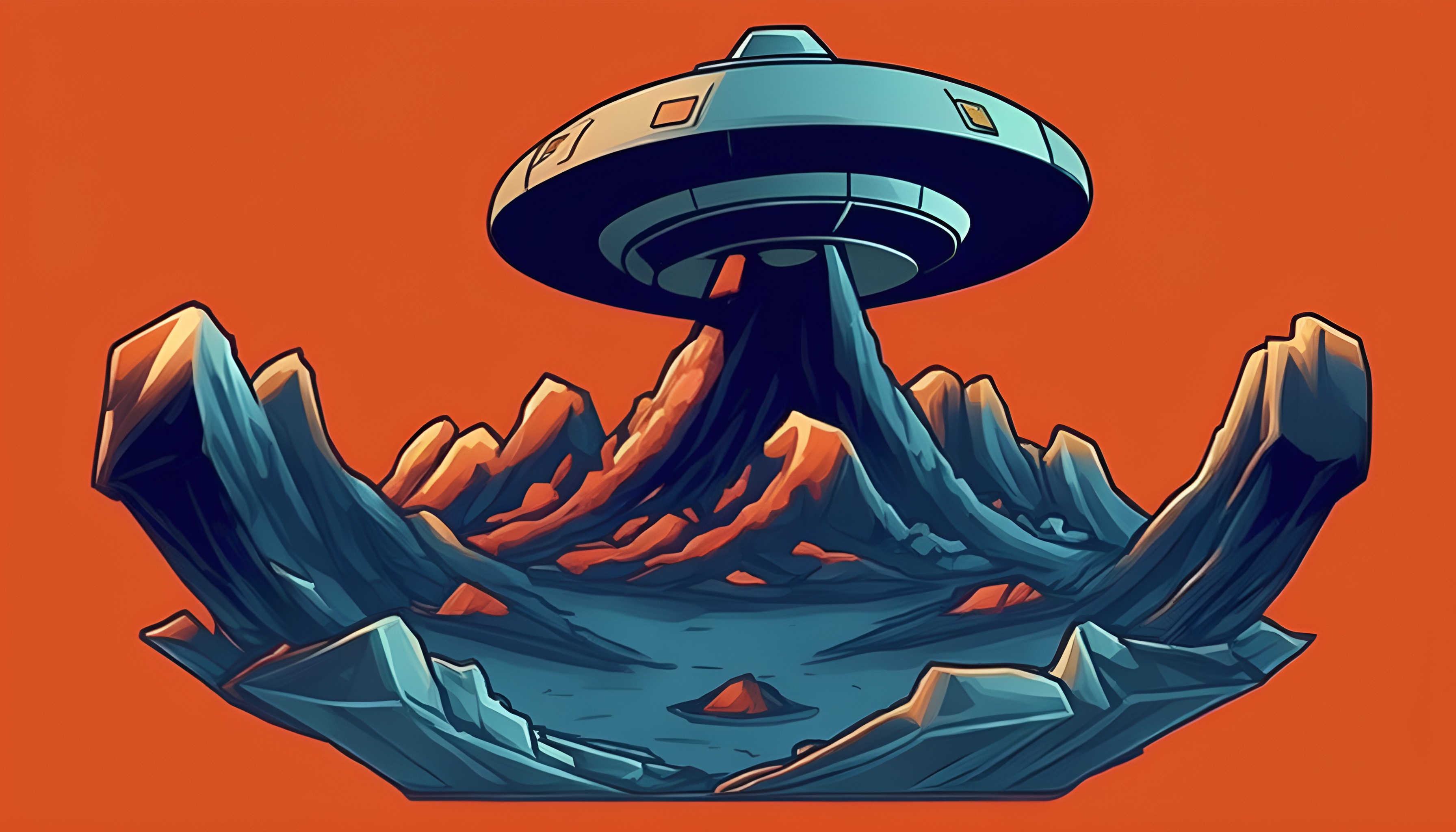 General 3584x2048 cartoon UFO orange background space science fiction minimalism simple background spaceship AI art