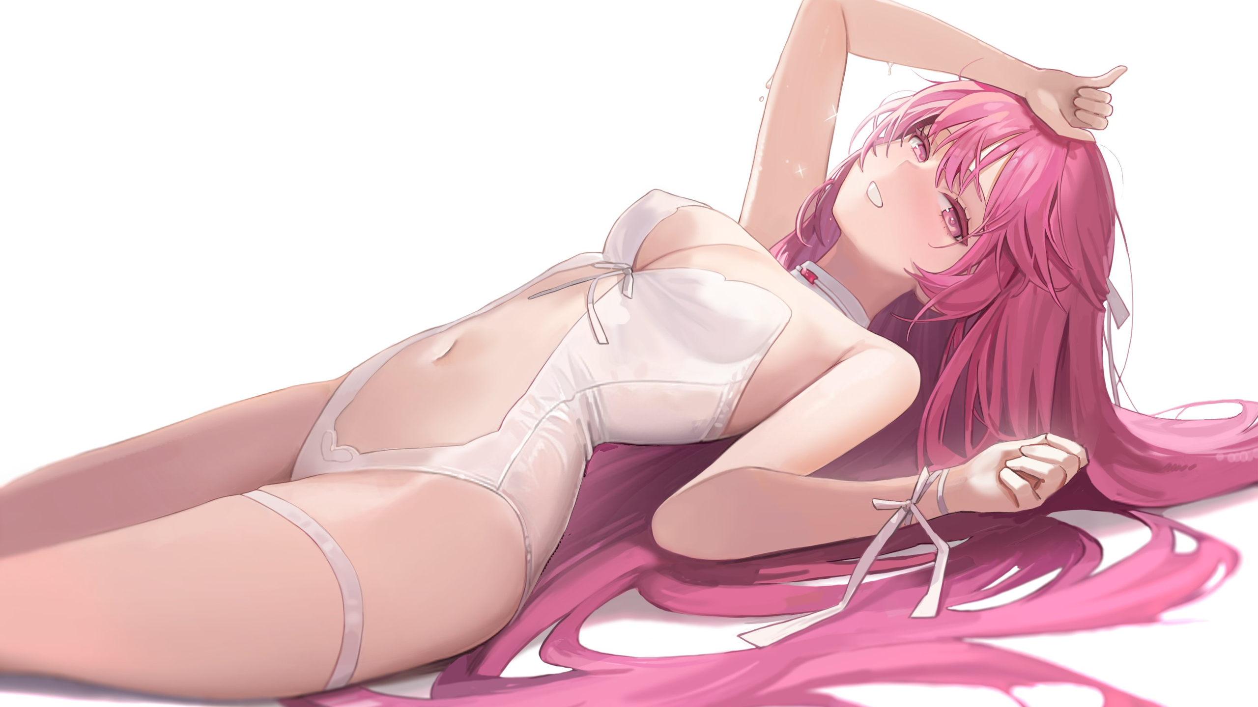 Anime 2560x1440 anime anime girls lying on back swimwear white swimsuit thighs belly belly button one-piece swimsuit thigh strap pink hair blushing white background simple background Freng looking at viewer long hair smiling pink eyes minimalism