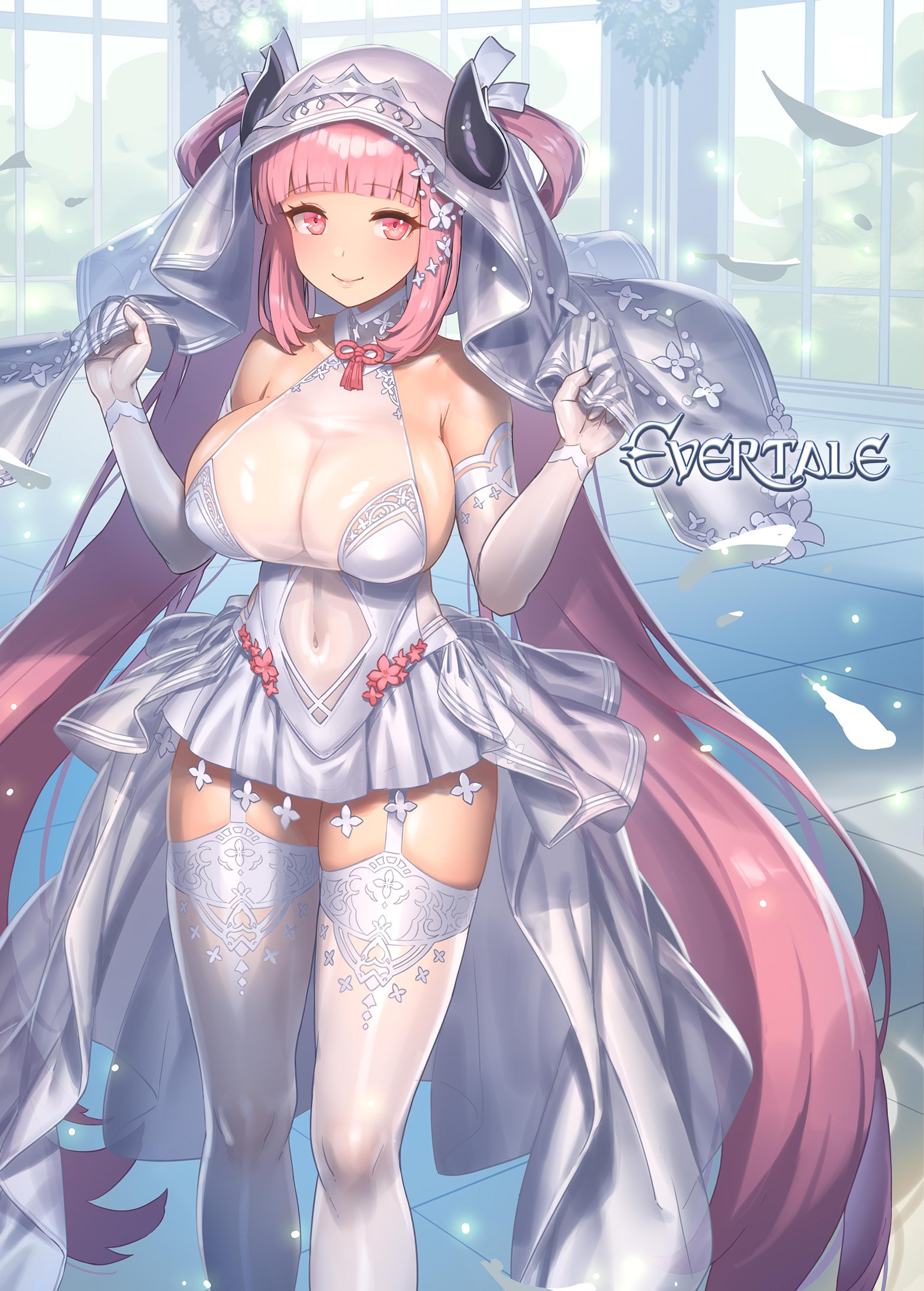 Anime 1565x2186 Evertale anime girls boobs portrait display long hair elbow gloves horns pink hair pink eyes dress petals wedding dress cleavage belly button