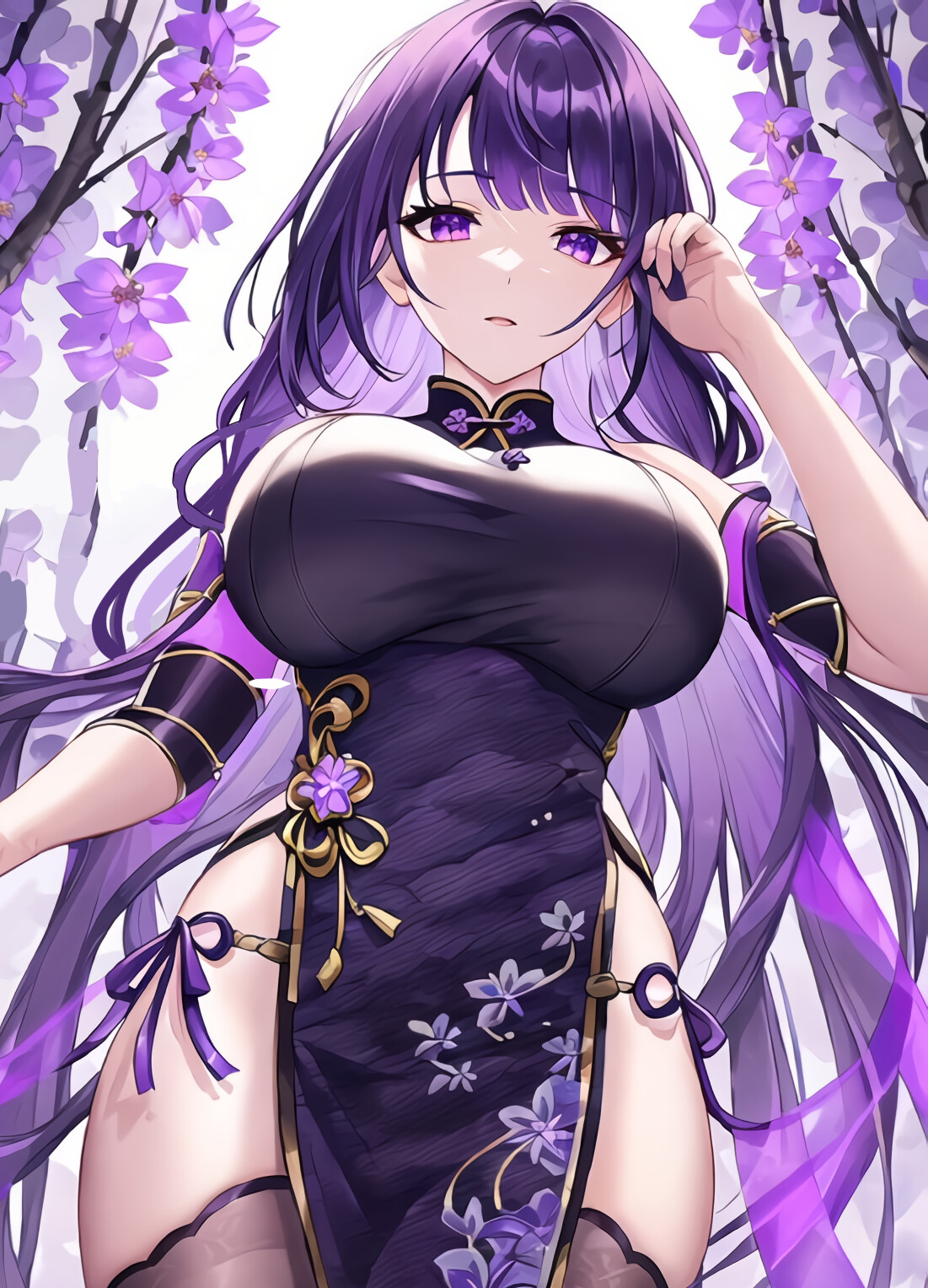raiden shogun ,yae miko office lady breasts bread purple hair pantyhose  1girl purple eyes illustration images