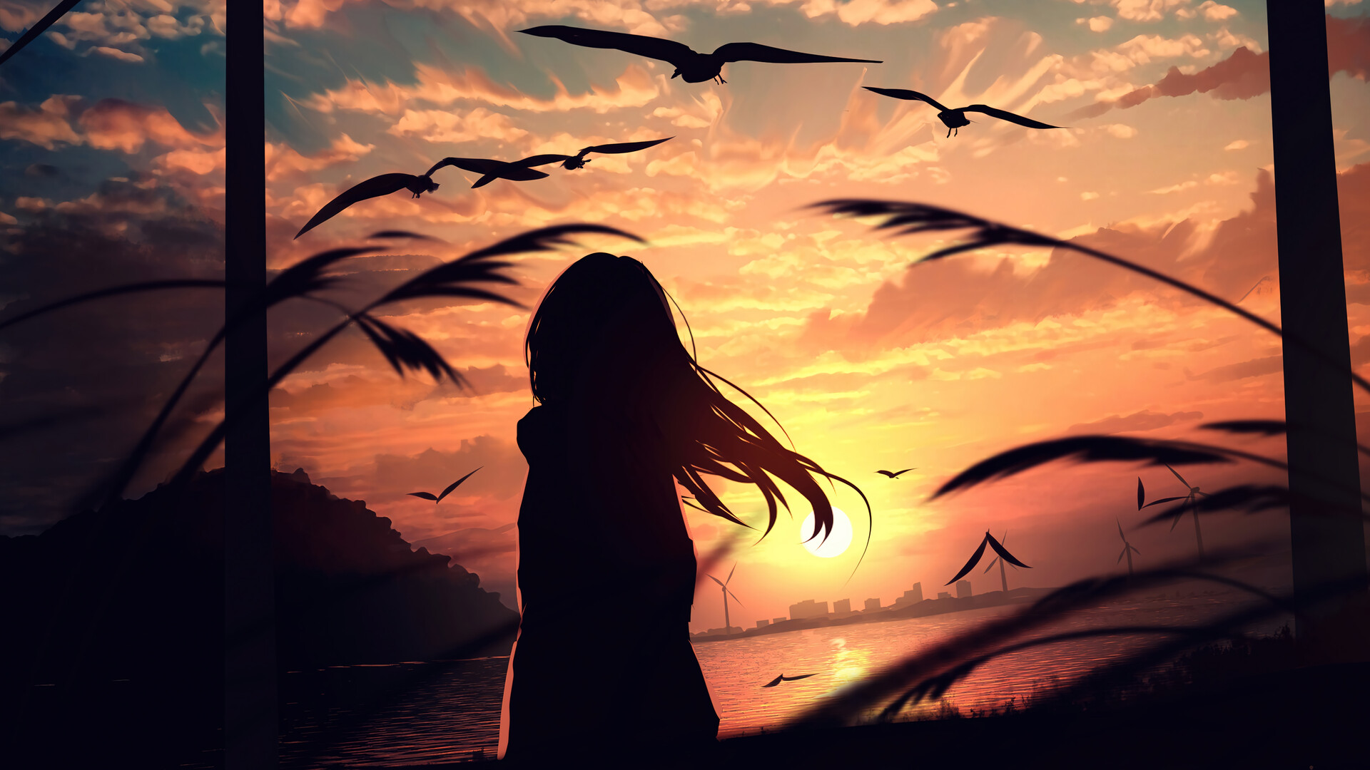Anime 1920x1080 sunset sunset glow anime girls grass sky birds water wind turbine long hair clouds silhouette HuashiJW