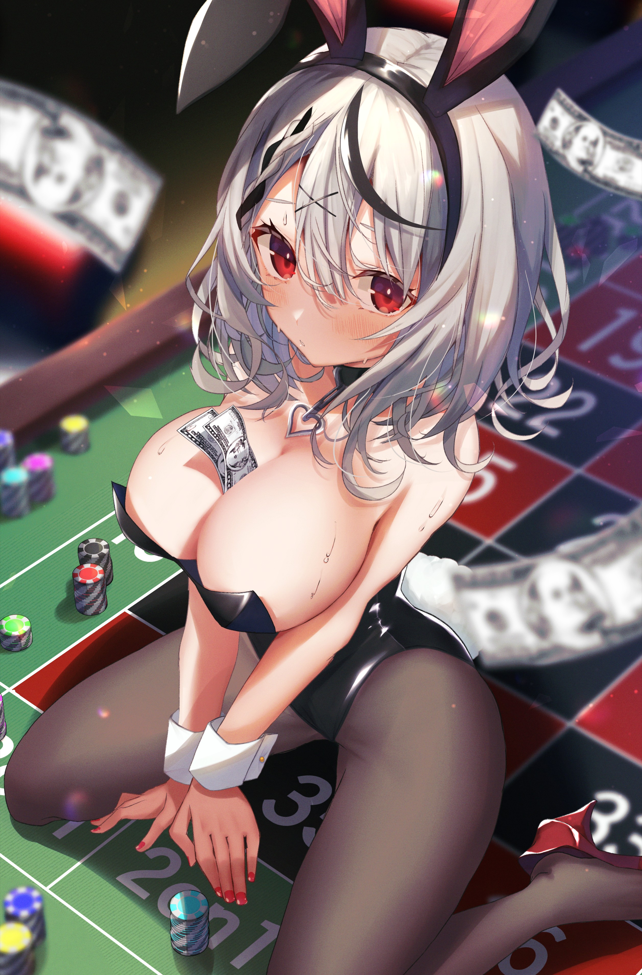 Anime 2514x3816 anime girls boobs bunny suit gray hair kneeling bunny ears black leotard red eyes high angle blushing looking at viewer dollars item between boobs heels red heels black pantyhose poker chips bunny tail Sakamata Chloe Hololive Virtual Youtuber portrait display money two tone hair stripper