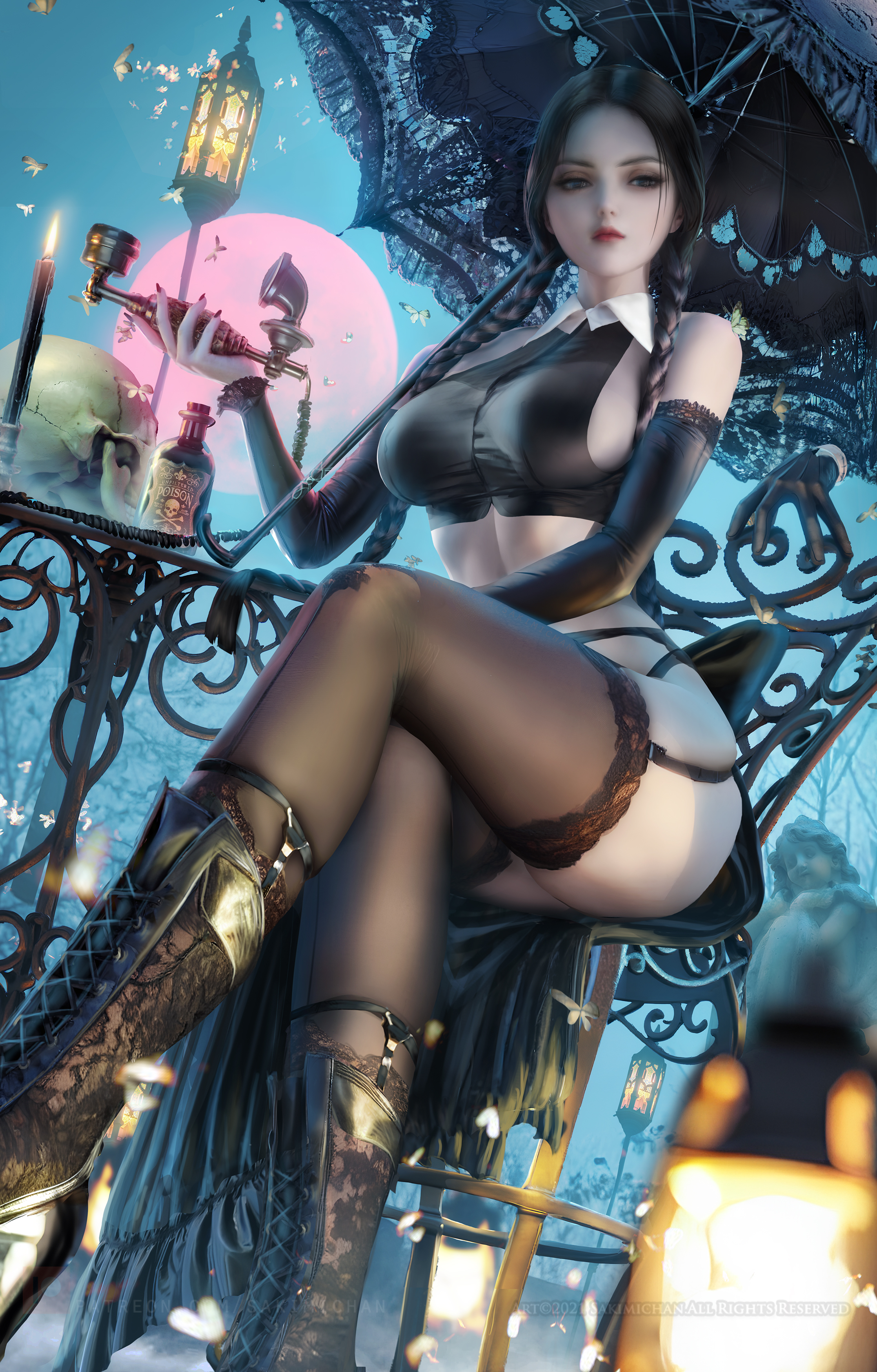 General 2236x3500 Wednesday Addams fictional character 2D artwork drawing fan art Sakimichan Gothic lingerie stockings candles skull
