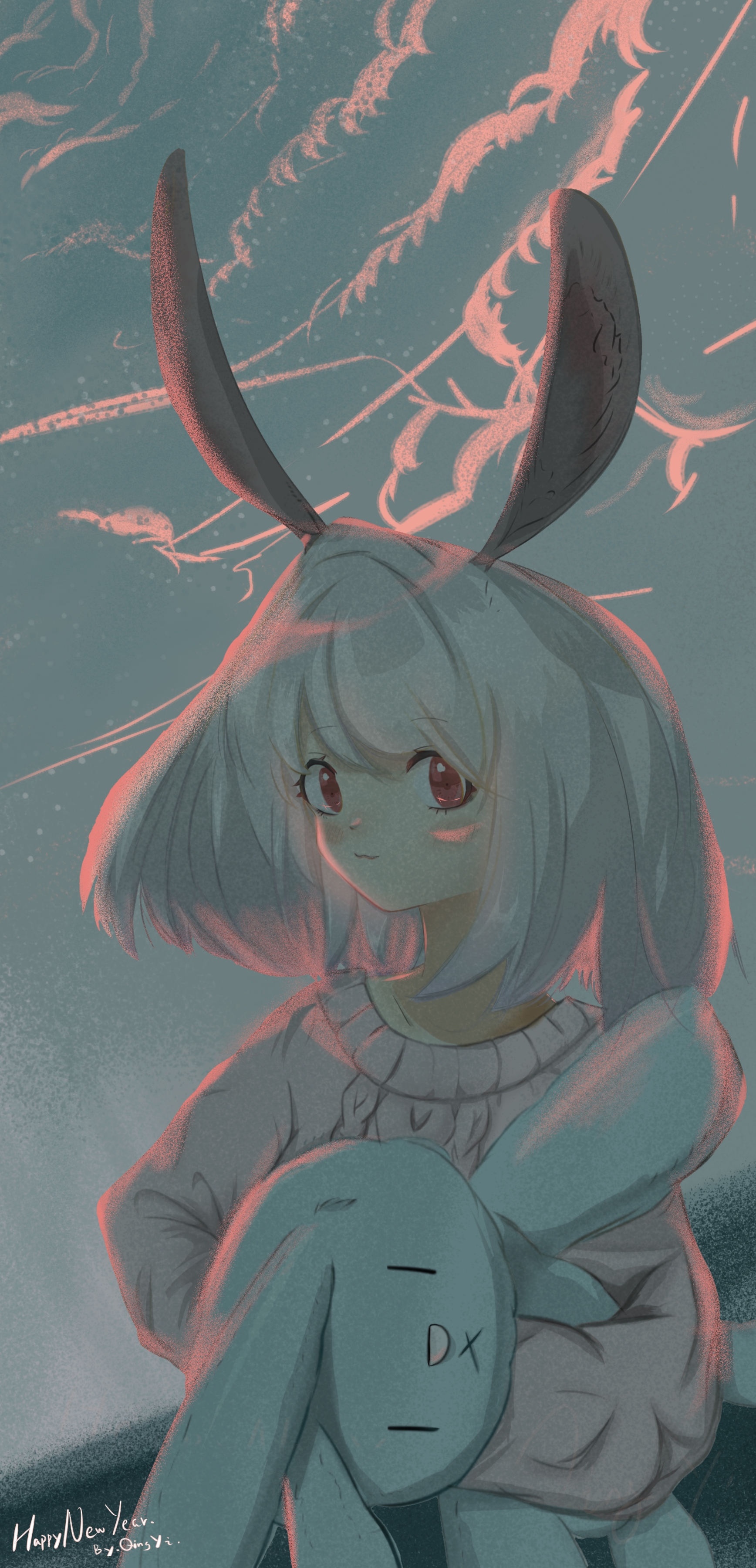 Anime 1736x3598 MoQingYi（artist） bunny ears sunset doll smiling portrait display anime girls bunny girl