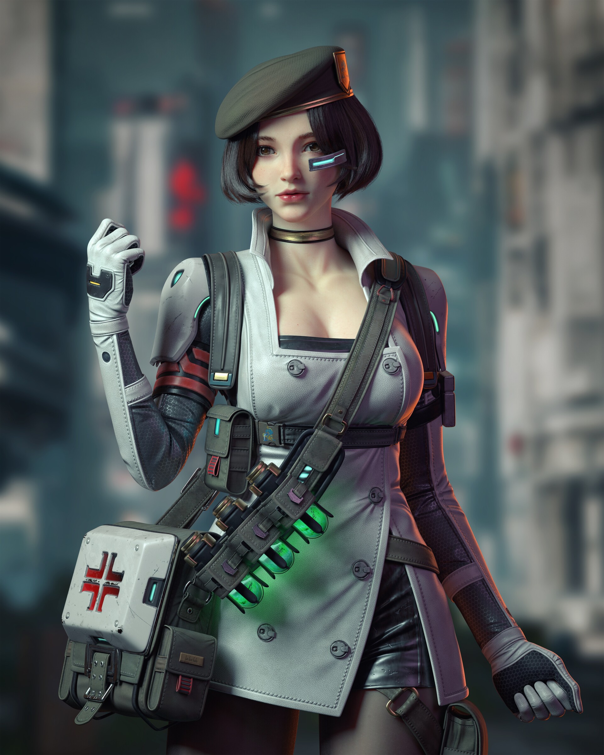General 1920x2400 Cifangyi CGI women medic vial short hair science fiction cyberpunk city portrait display hat futuristic