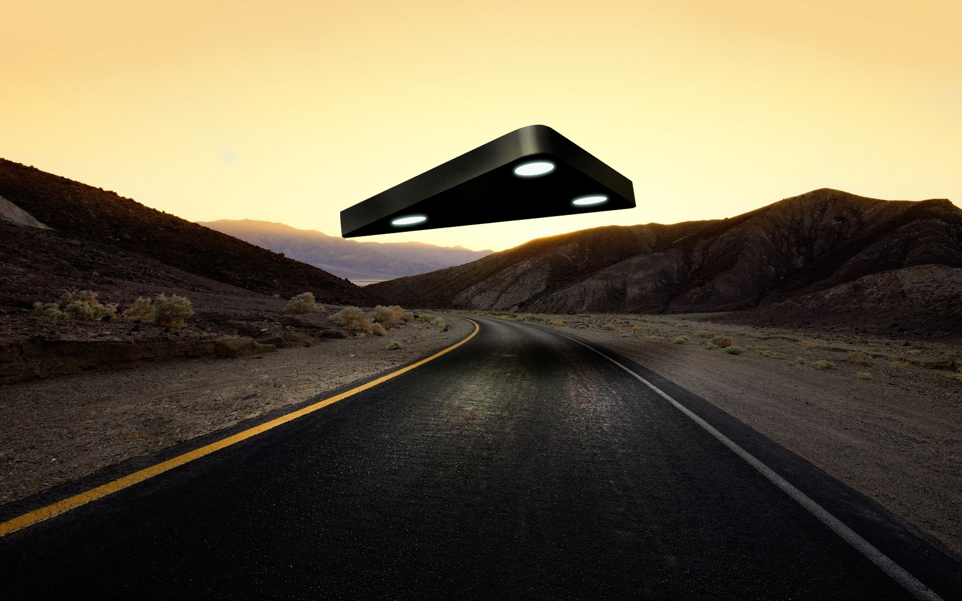 General 1920x1200 flying saucers spaceship digital art glowing lights triangle road desert mountains shrubs surreal