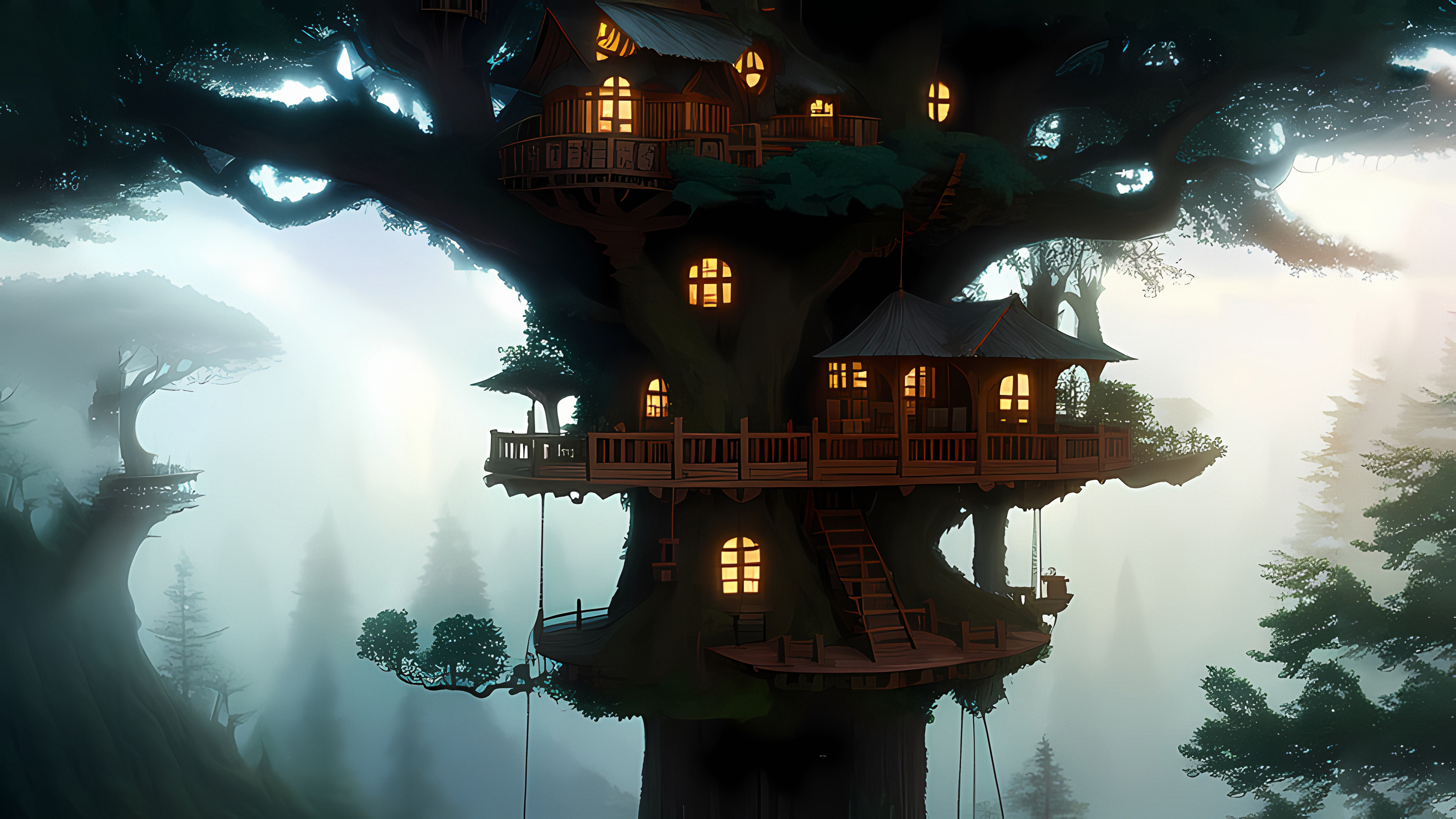 General 3840x2160 Stable Diffusion 4K AI art tree house lights dawn trees nature