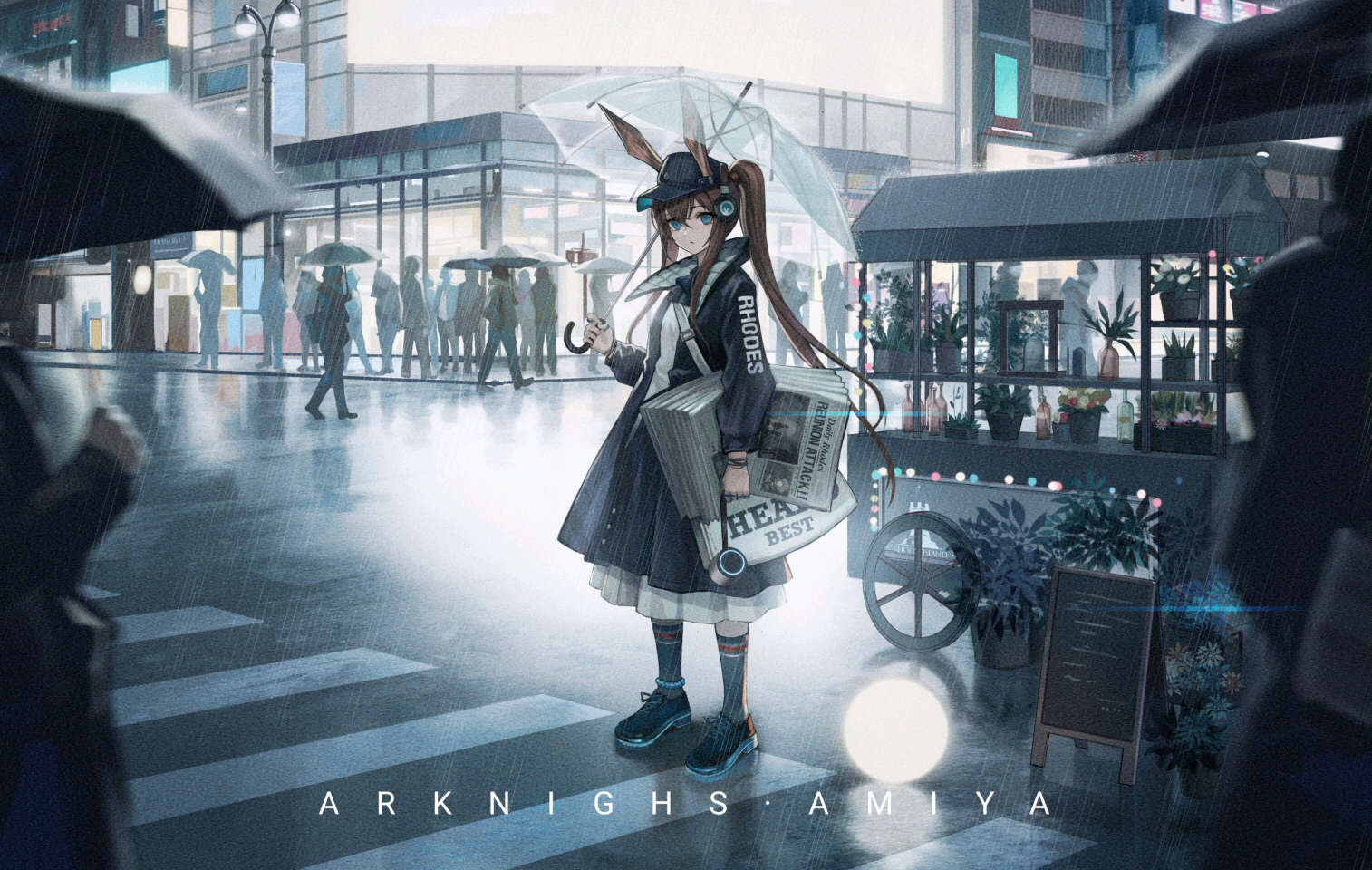 Anime 1514x960 Arknights anime Amiya (Arknights) anime girls umbrella rain city ponytail horse girls animal ears