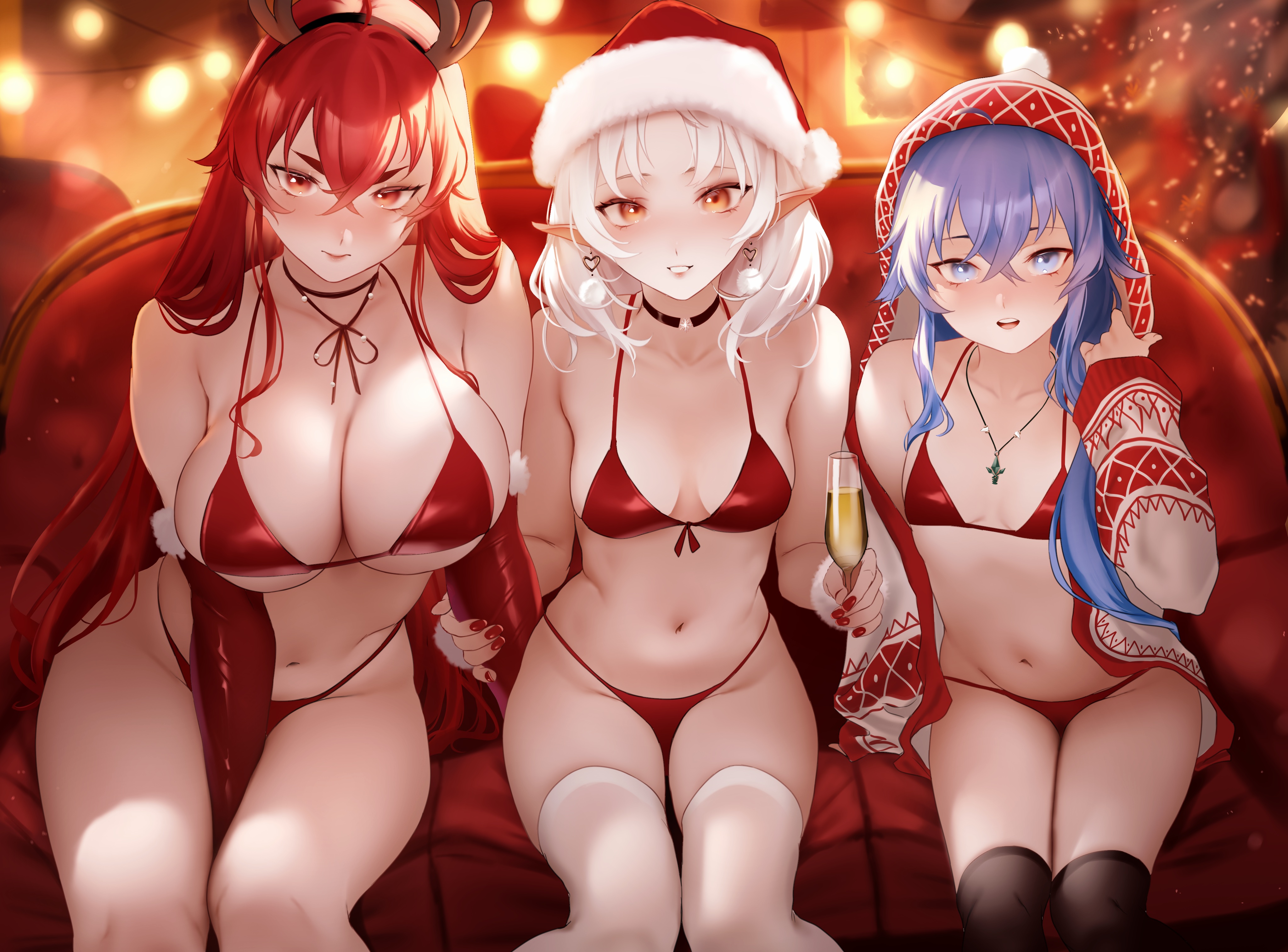 Anime 4093x3024 anime anime girls Christmas cleavage Christmas clothes big boobs necklace stockings choker Santa hats antlers small boobs women trio Mushoku Tensei Eris Boreas Greyrat (Mushoku Tensei) Roxy Migurdia (Mushoku Tensei) Sylphiette