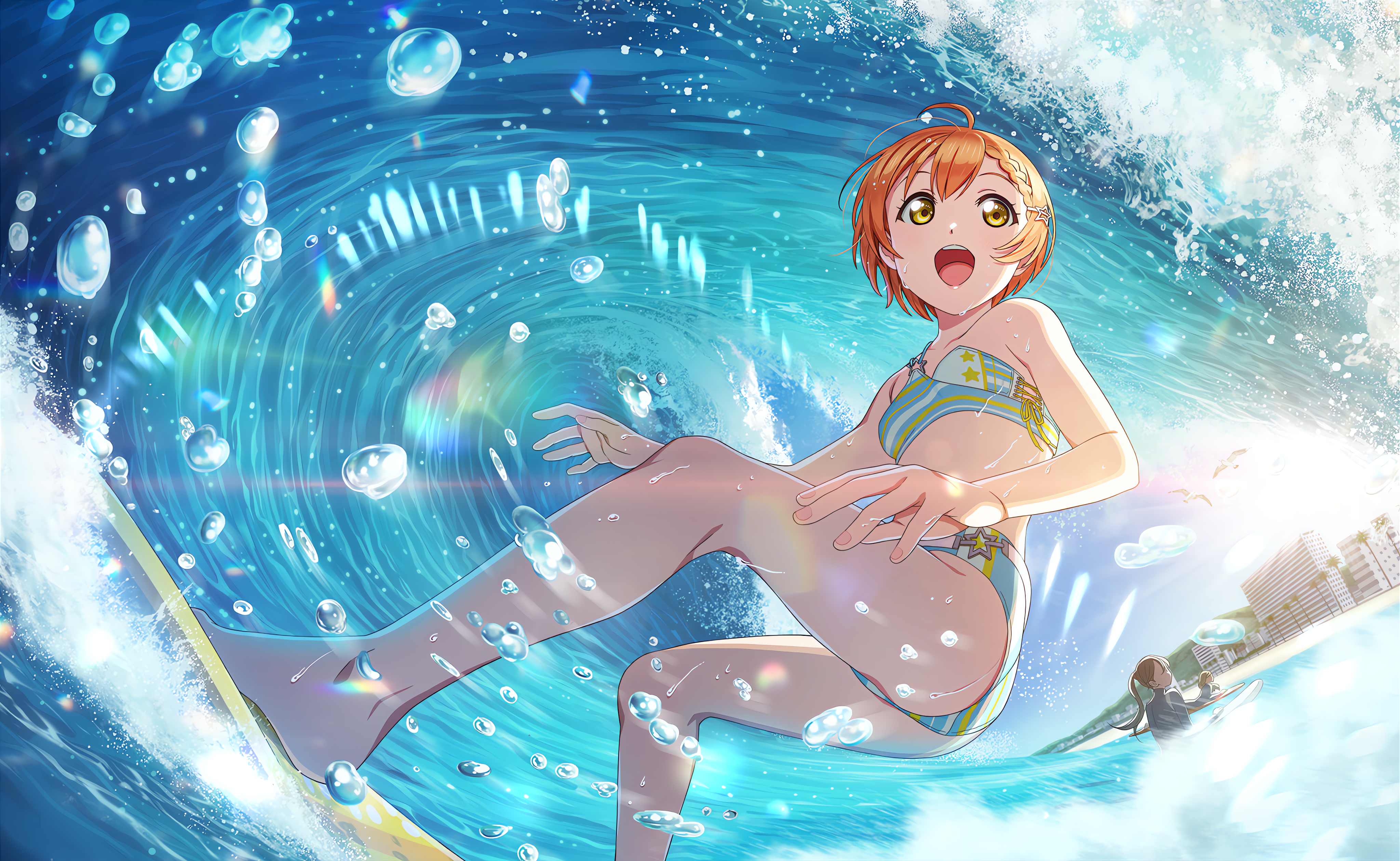Anime 4096x2520 Hoshizora Rin Love Live! anime anime girls water surfboards surfing water drops short hair swimwear bikini ass sunlight waves open mouth looking away feet