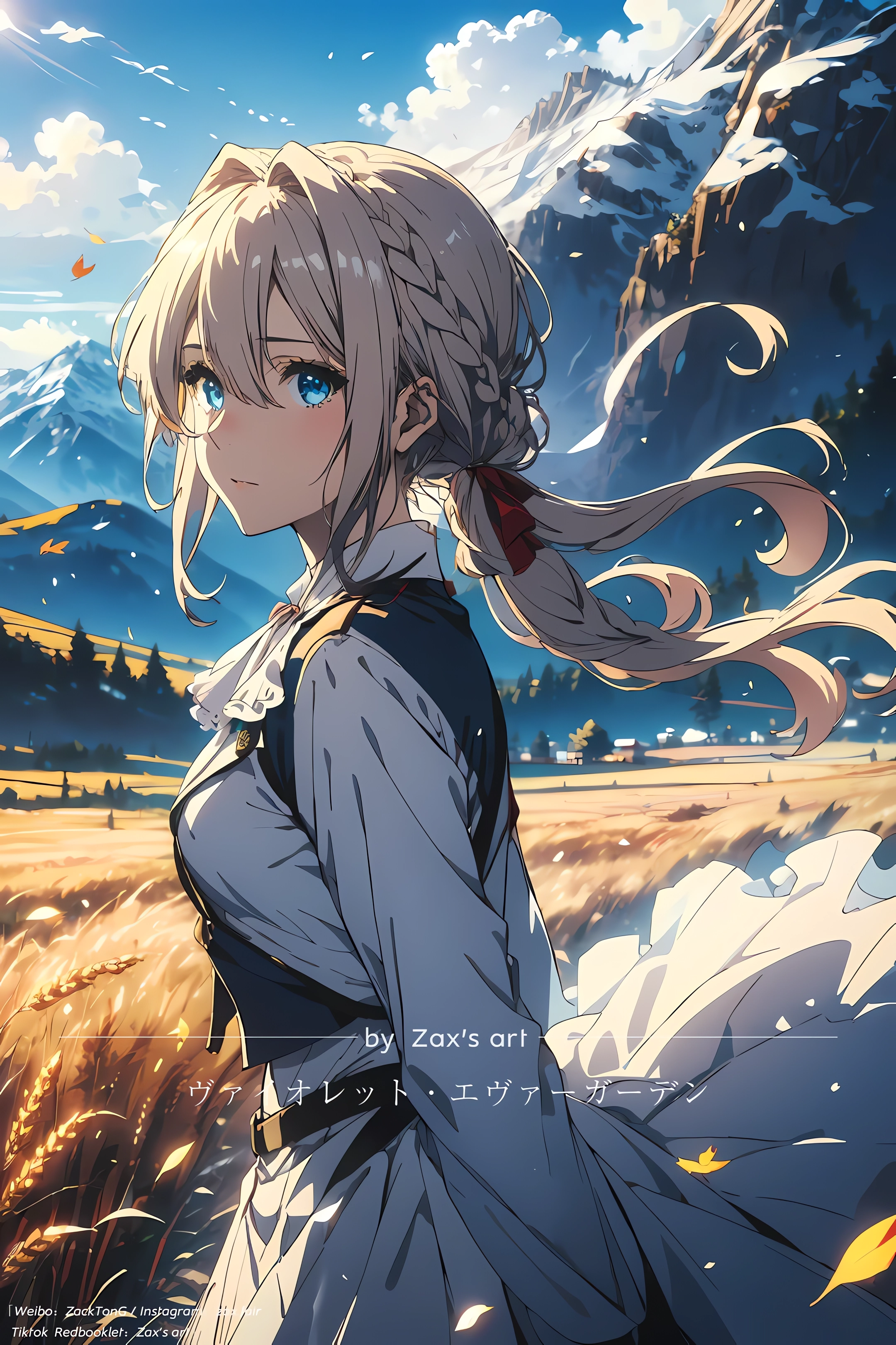 Anime 2160x3240 anime anime girls portrait display long hair braids Violet Evergarden (character) Violet Evergarden standing sky clouds mountains leaves watermarked Japanese looking at viewer blonde blue eyes snow sunlight AI art