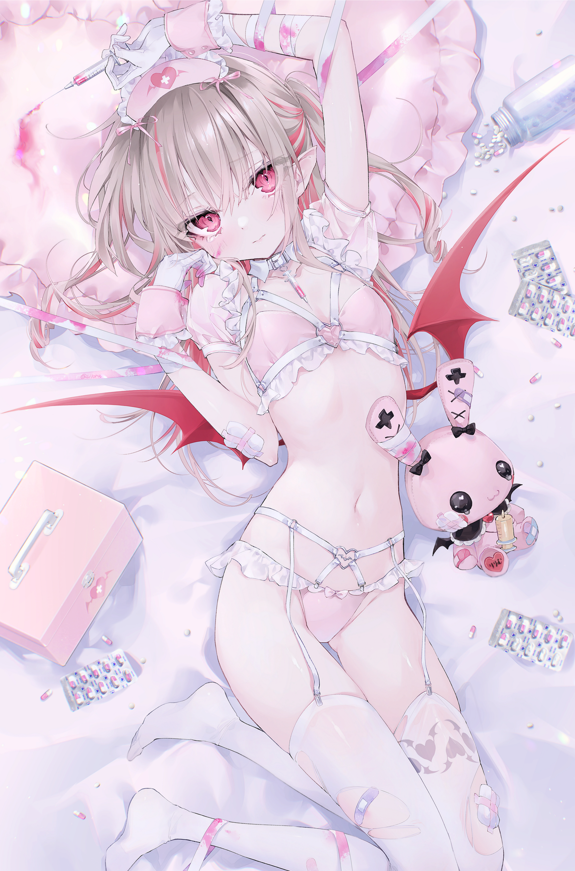 Anime 2015x3051 anime anime girls portrait display lingerie stockings garter straps looking at viewer wings nurses nurse outfit lying down lying on back teddy bears two tone hair pillow needles pills small boobs gloves Band-Aid loli