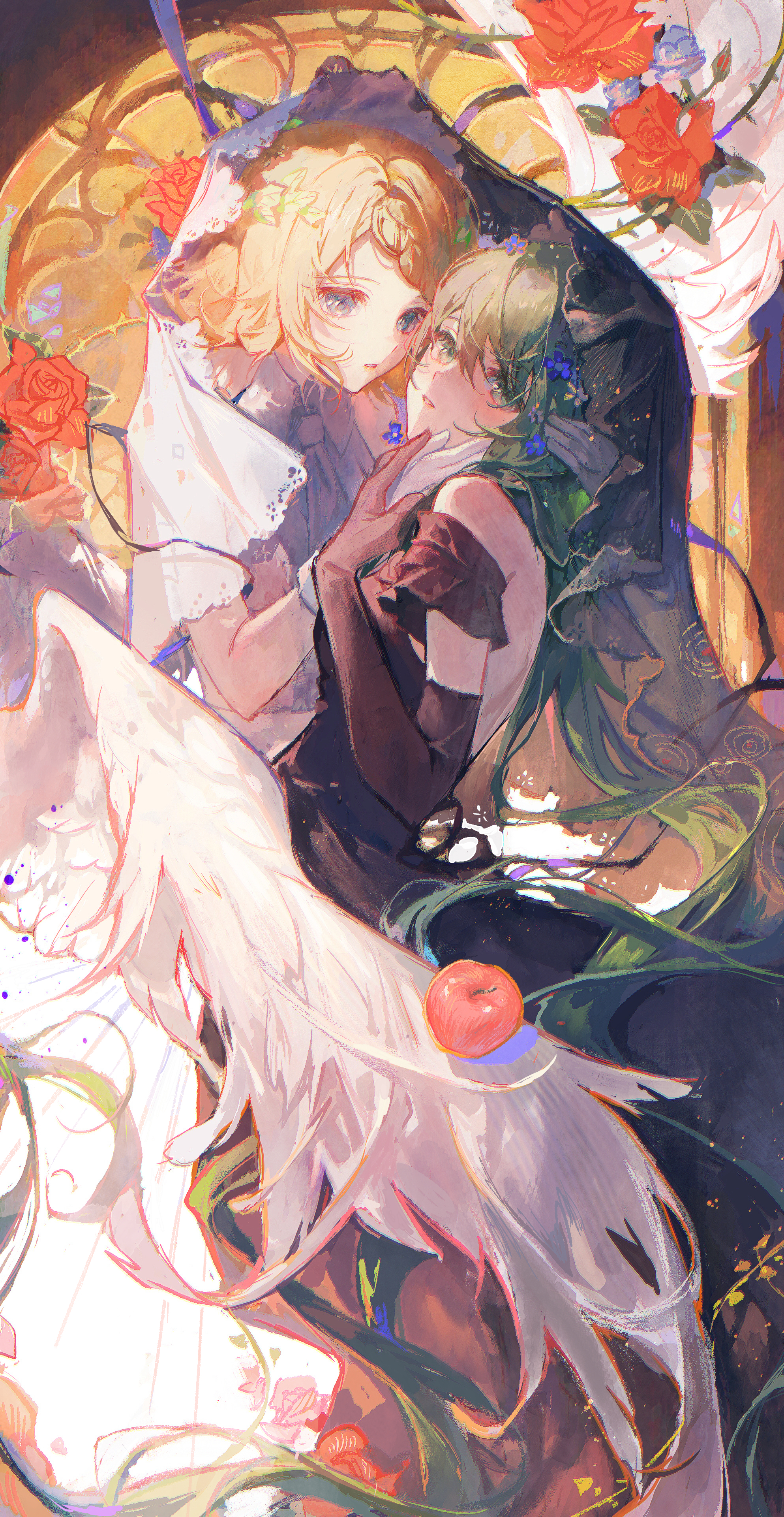 Anime 1986x3840 Maccha anime girls Kagamine Rin wings Hatsune Miku Vocaloid long hair looking at viewer apples fruit flowers portrait display dress elbow gloves